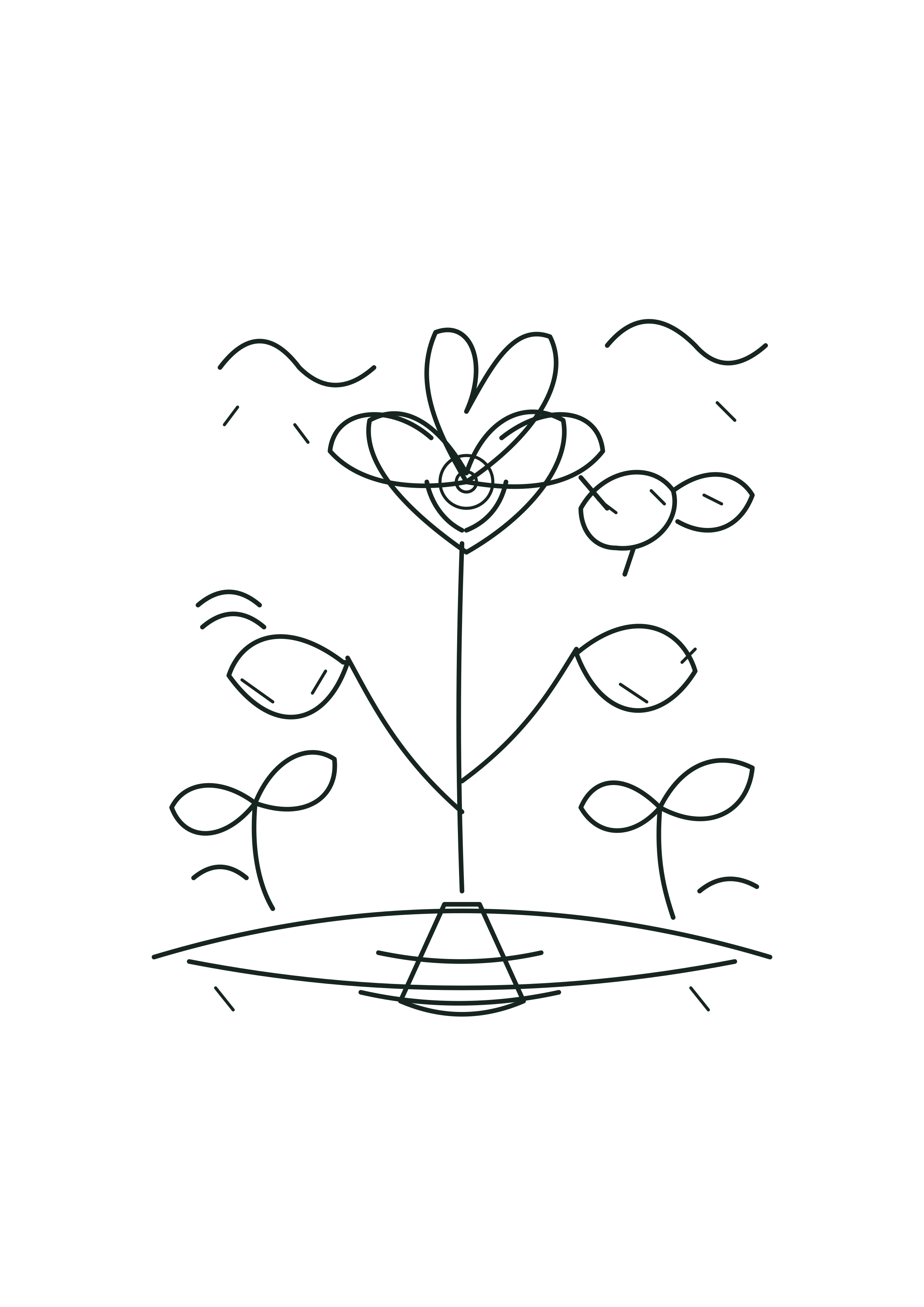 Original printable garden coloring page with a flower, leaves, bee, clouds and small plants