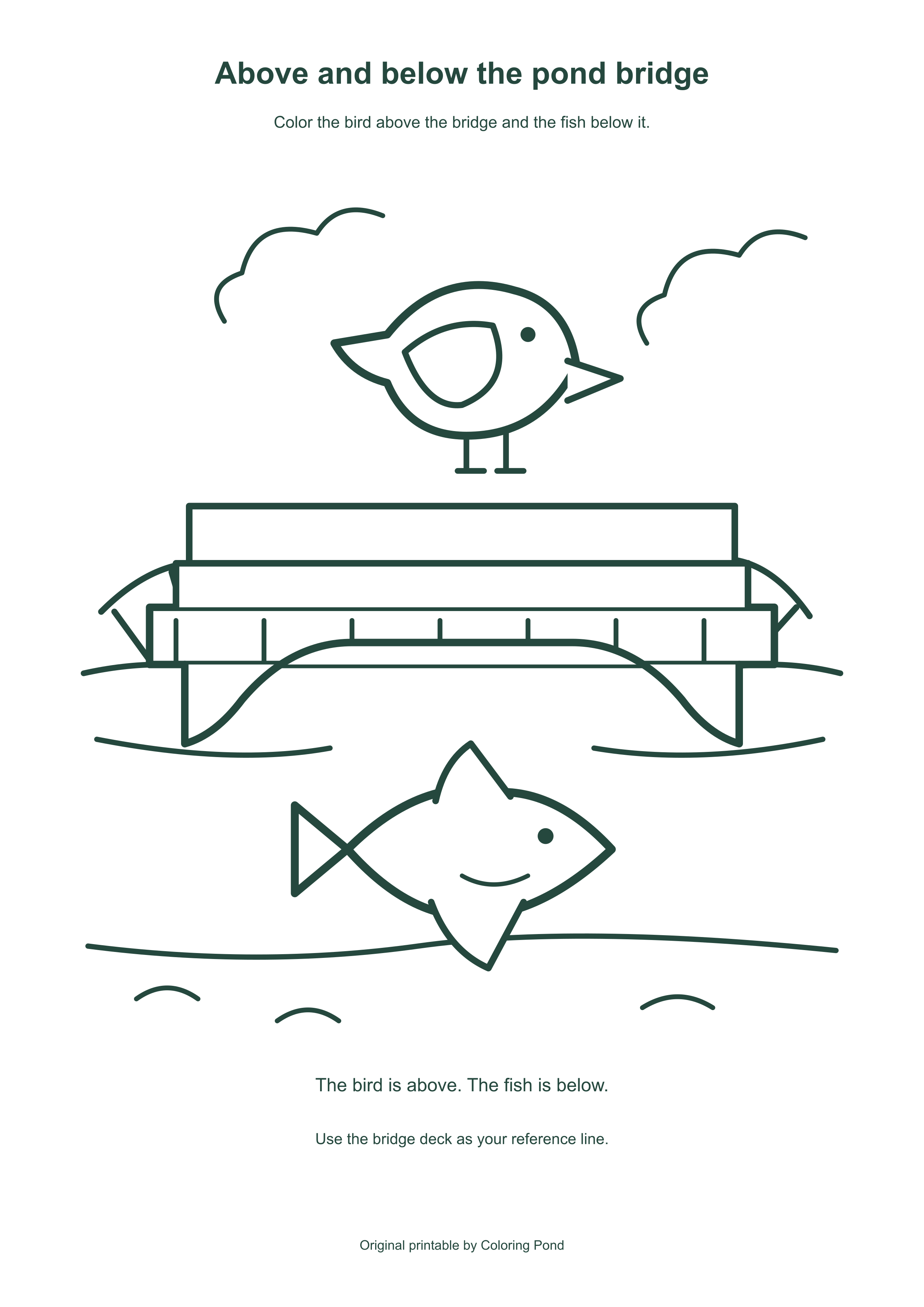 Original printable pond scene with bird above a bridge and fish below it