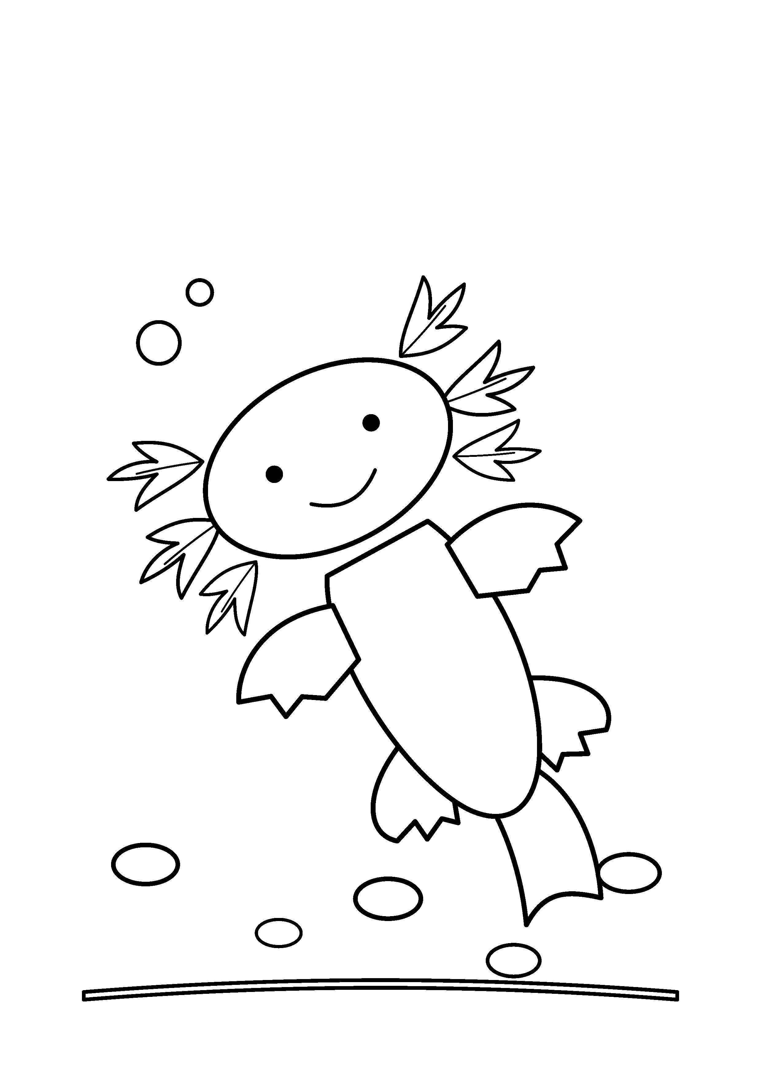 An axolotl swims over scattered smooth pebbles.