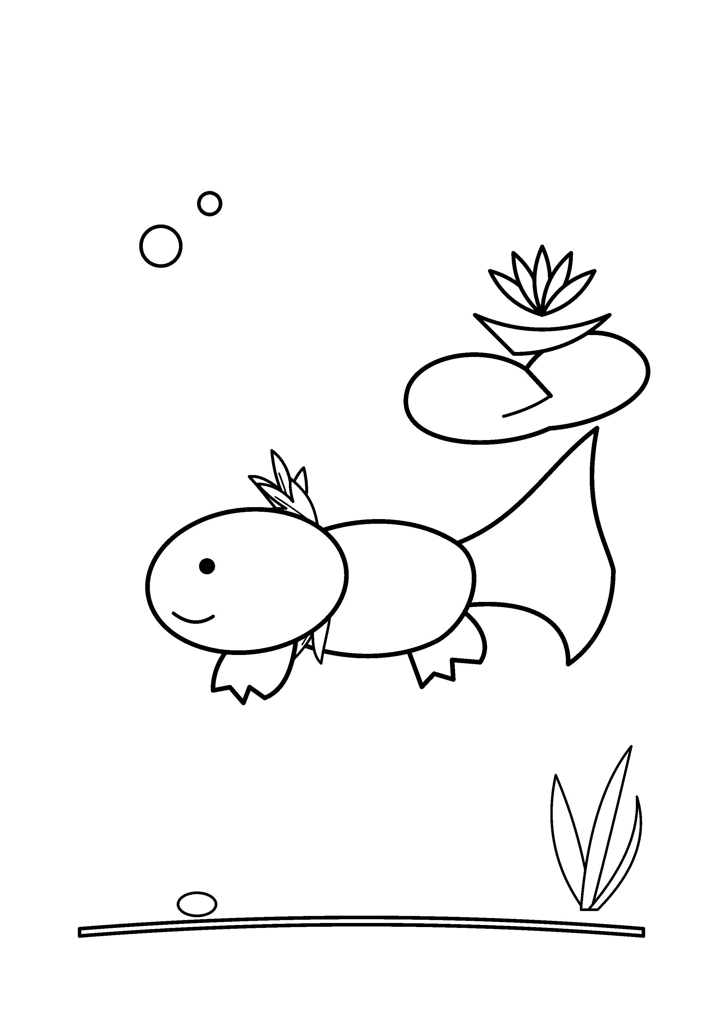 An axolotl glides beside an open water lily.