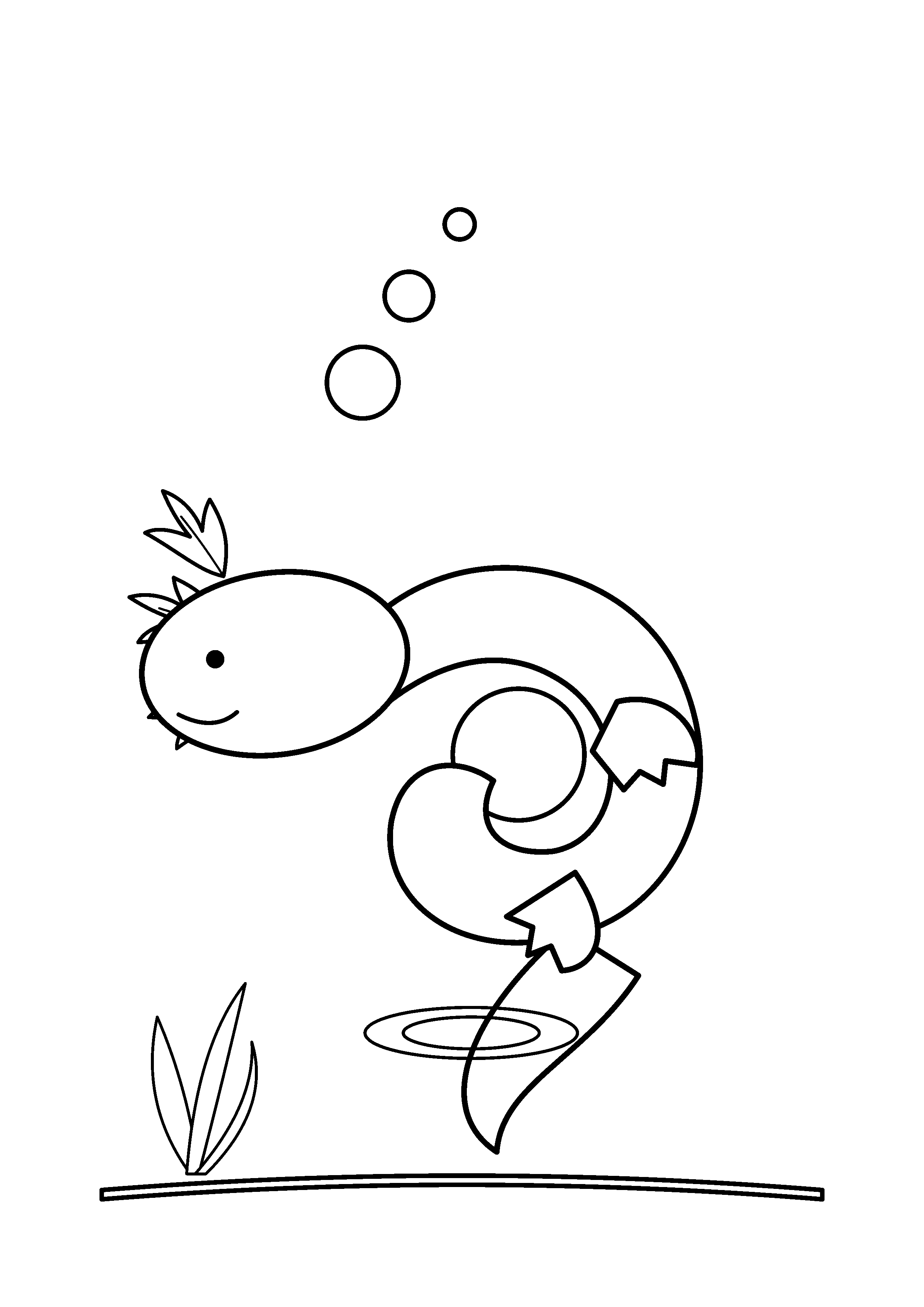 An axolotl curls beneath a trail of round bubbles.