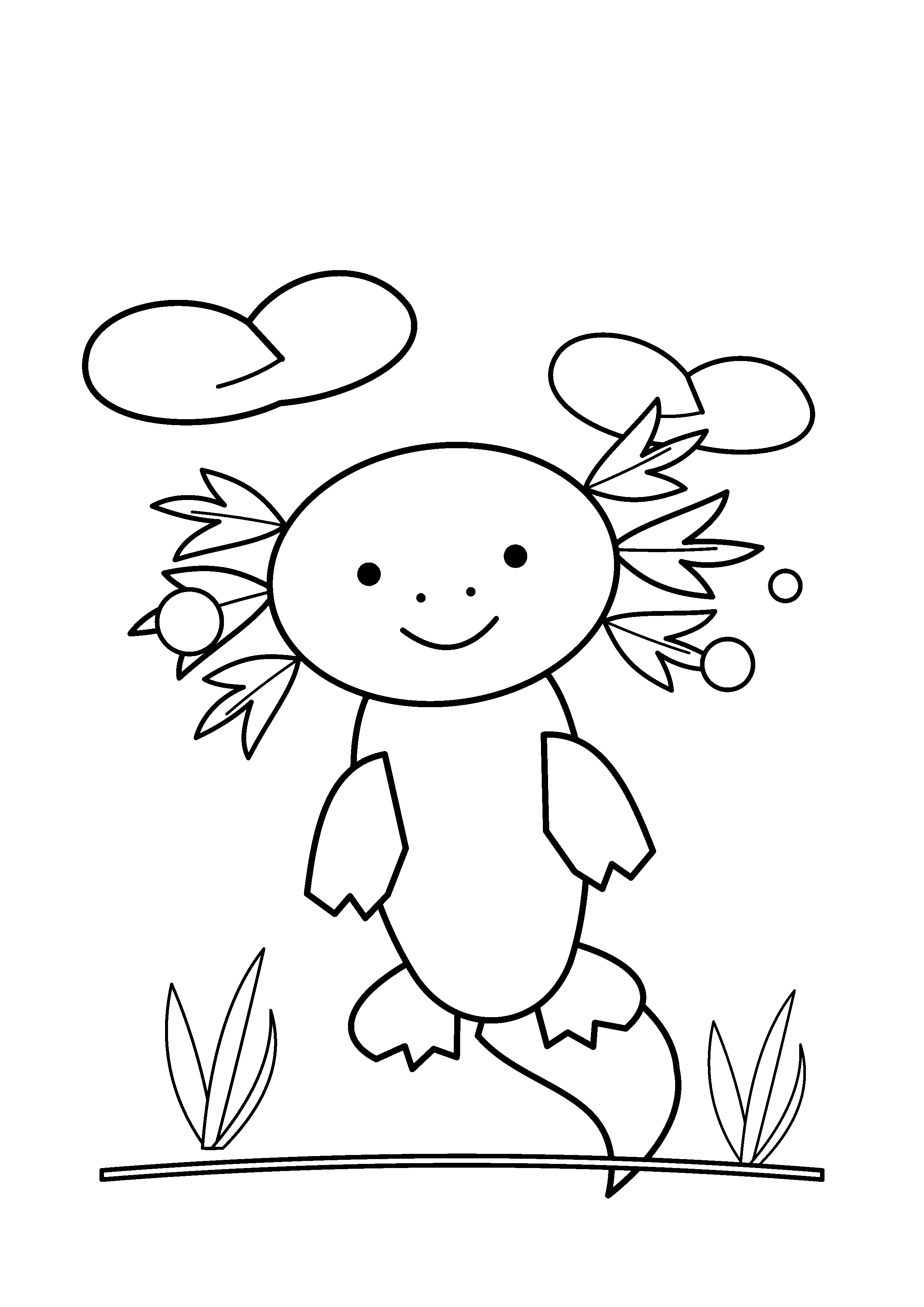 A smiling axolotl floats beneath two lily pads.