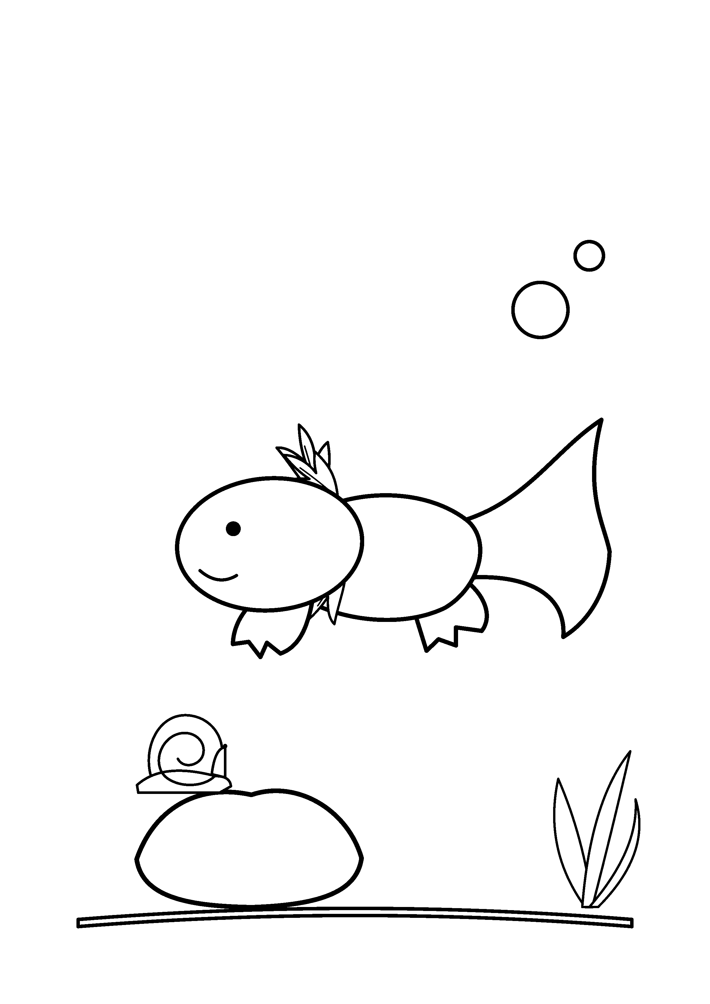 An axolotl faces a snail on a pond stone.
