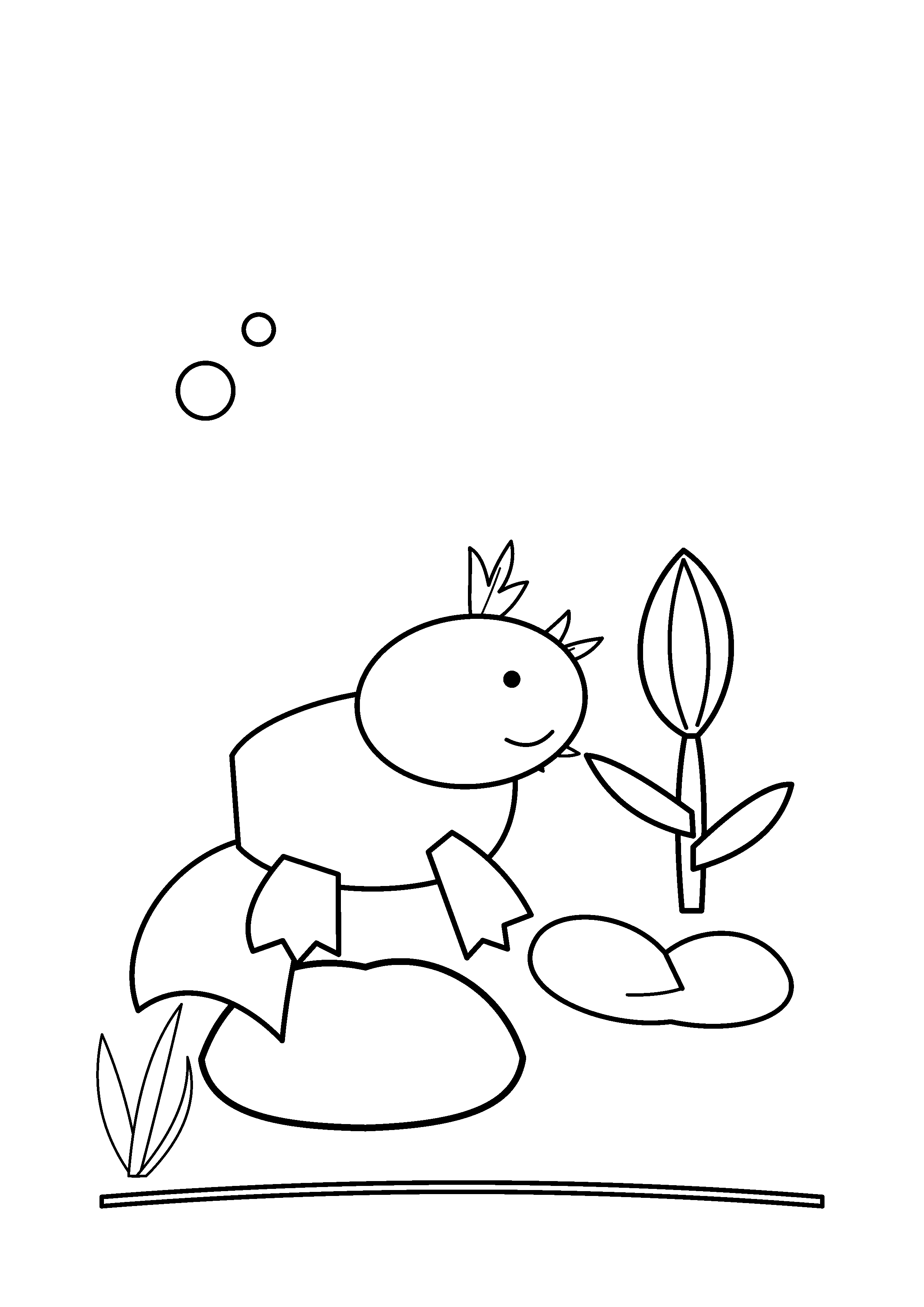 An axolotl rests beside a closed lily bud.