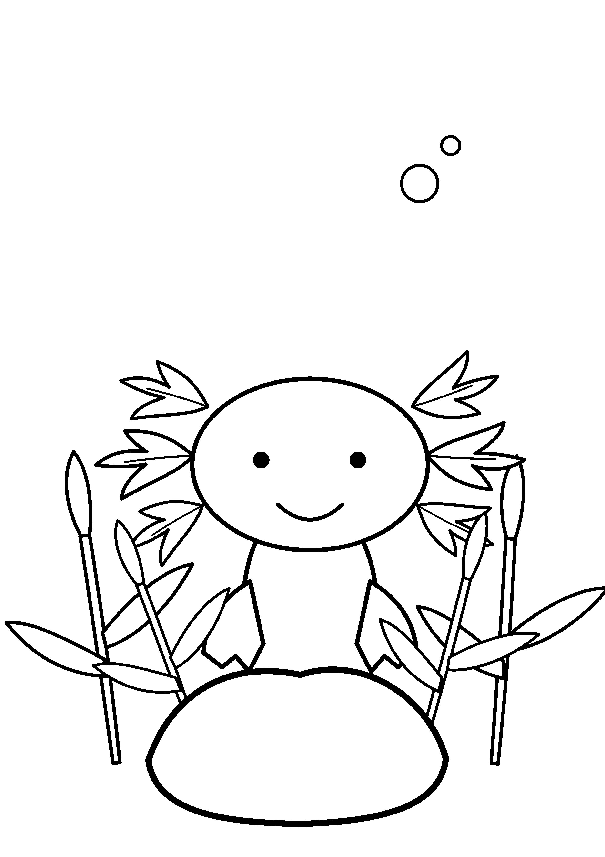 An axolotl peeks through tall pond reeds.