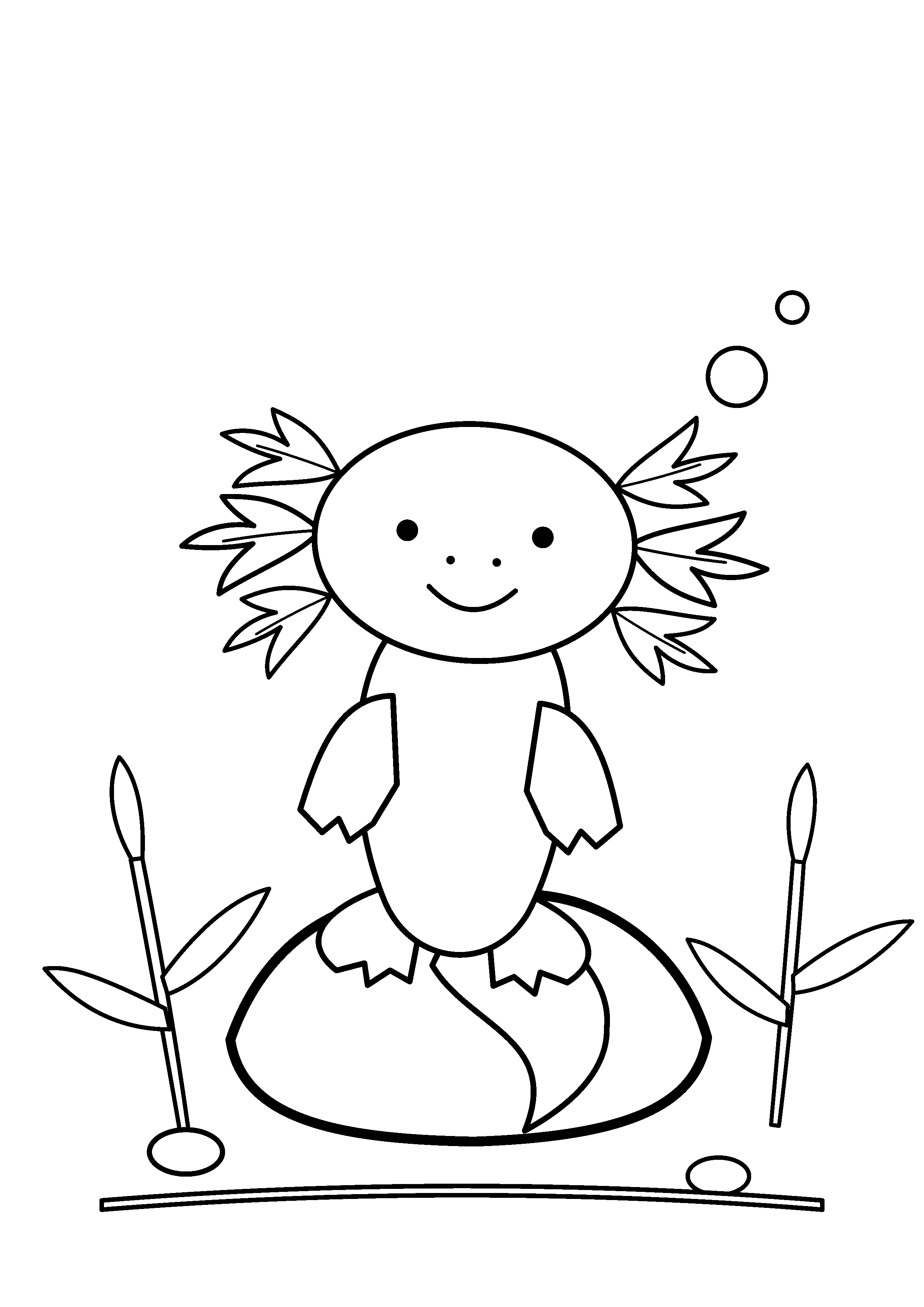 An axolotl rests on a broad river stone beside reeds.