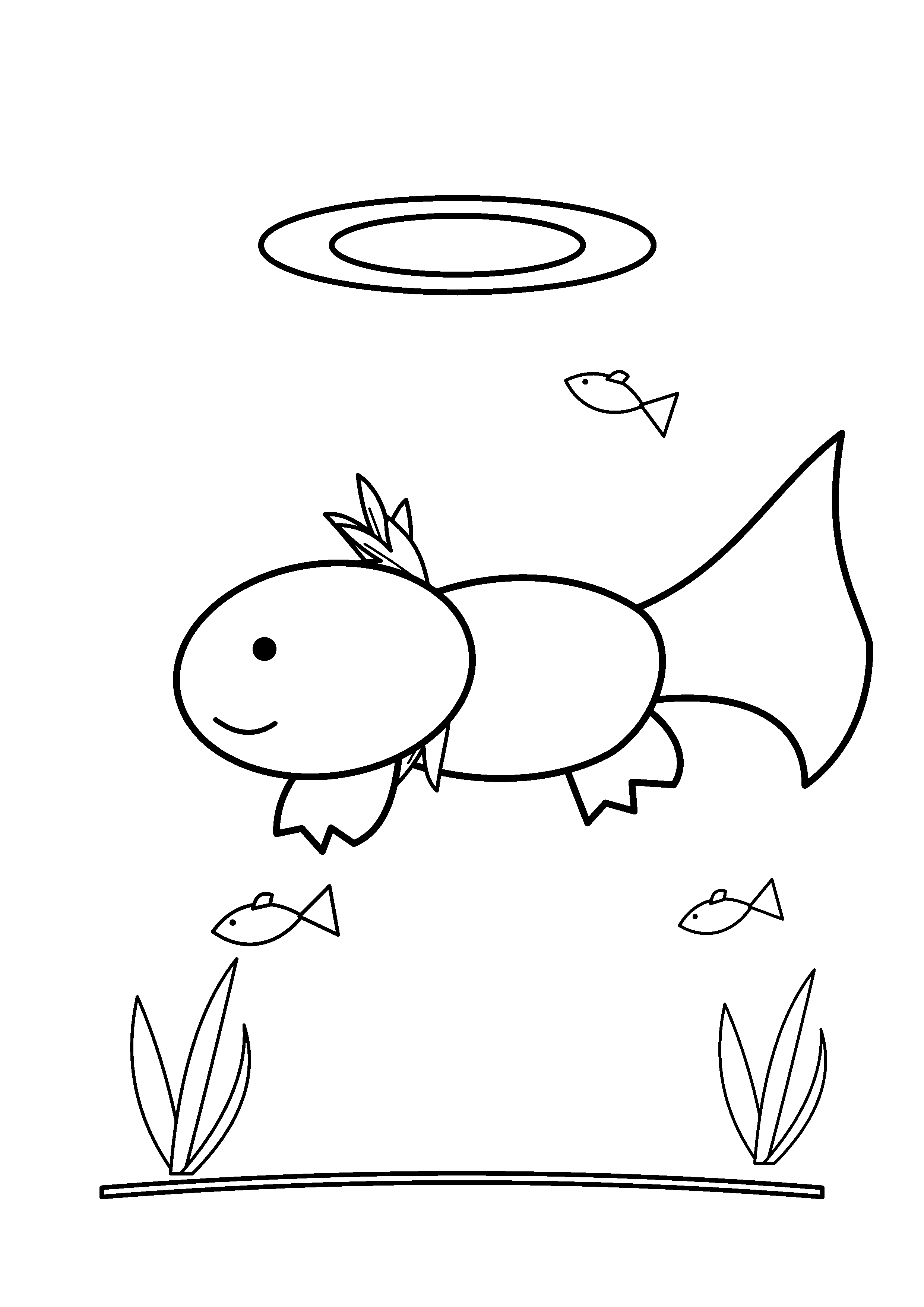 An axolotl swims past three small minnows.