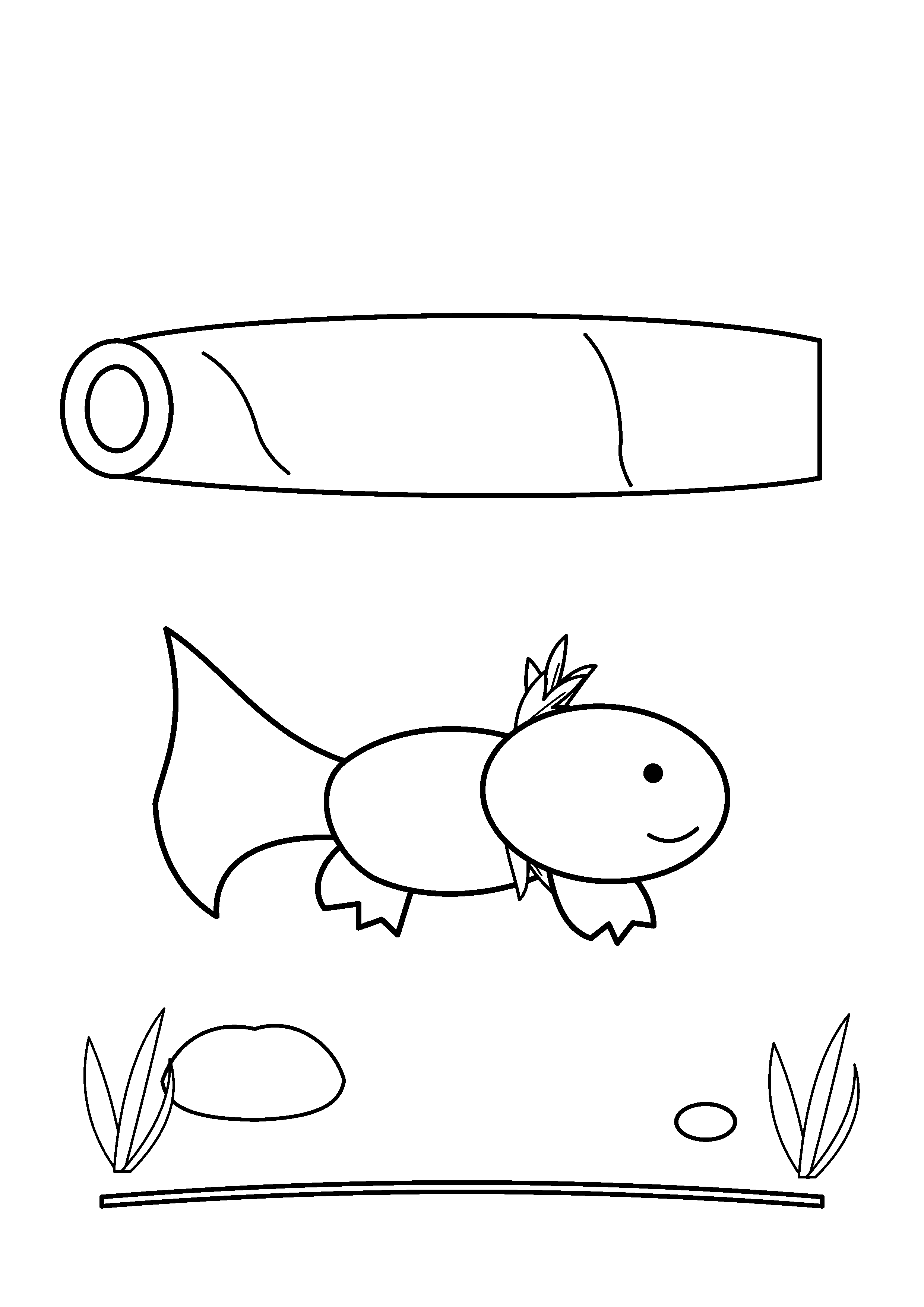An axolotl shelters below a hollow fallen log.