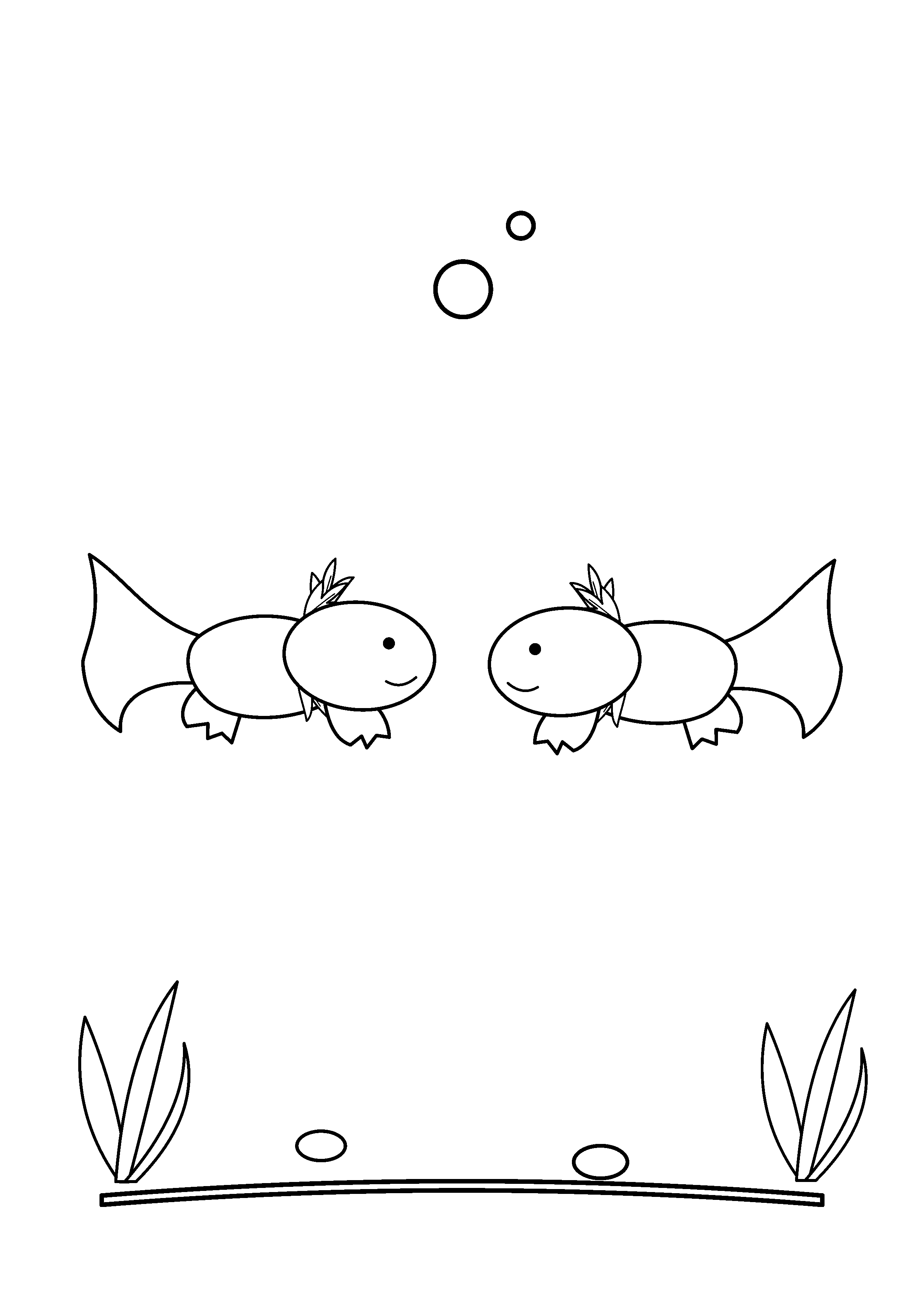 Two axolotls meet nose to nose among water plants.