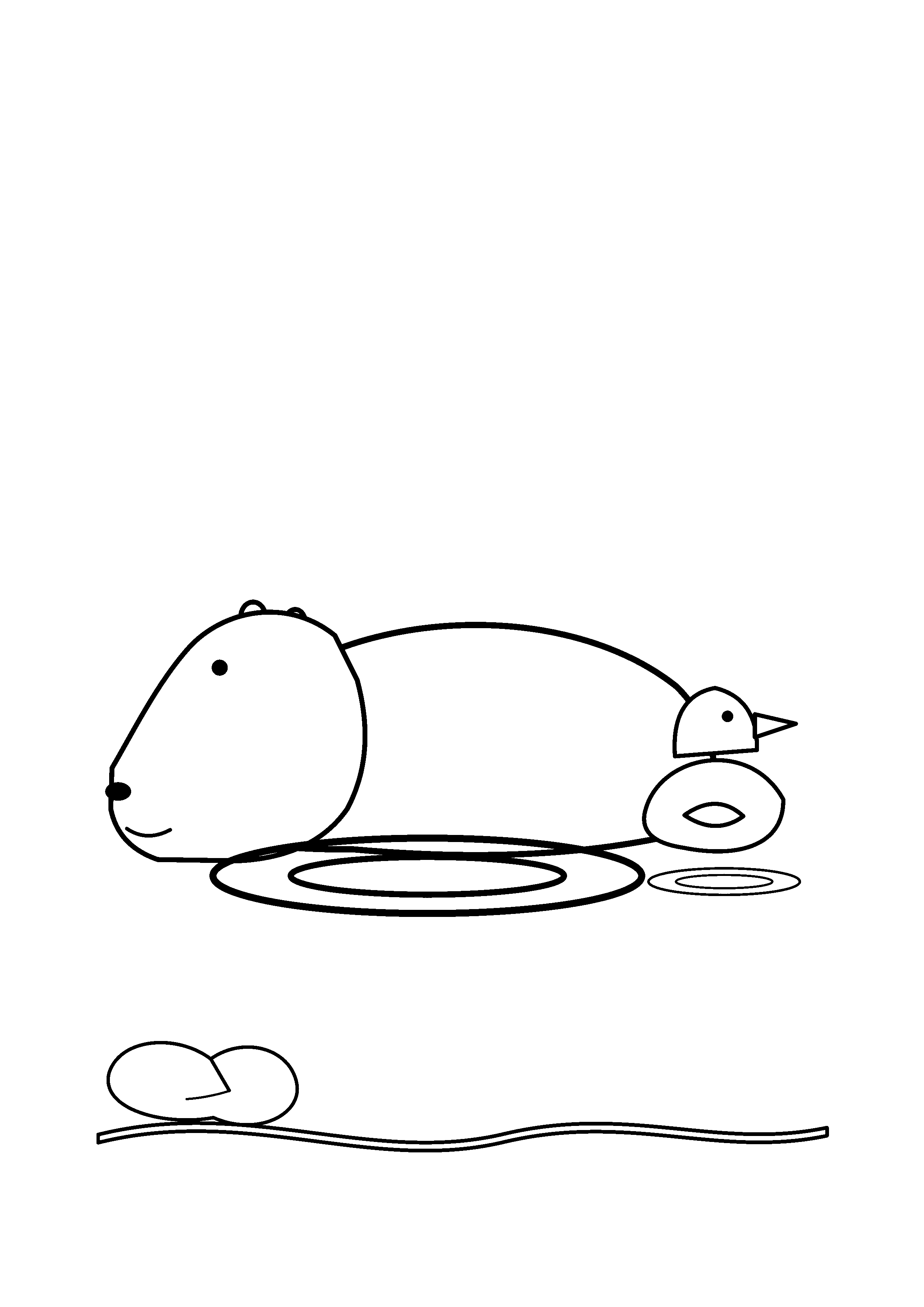 A capybara floats beside a small duckling.