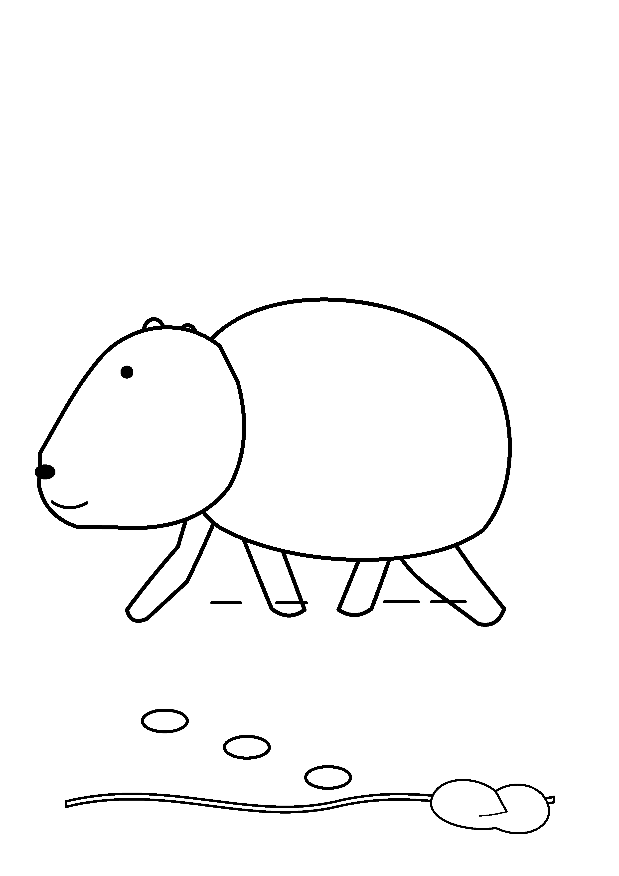 A capybara walks along a sandy shore with paw prints.