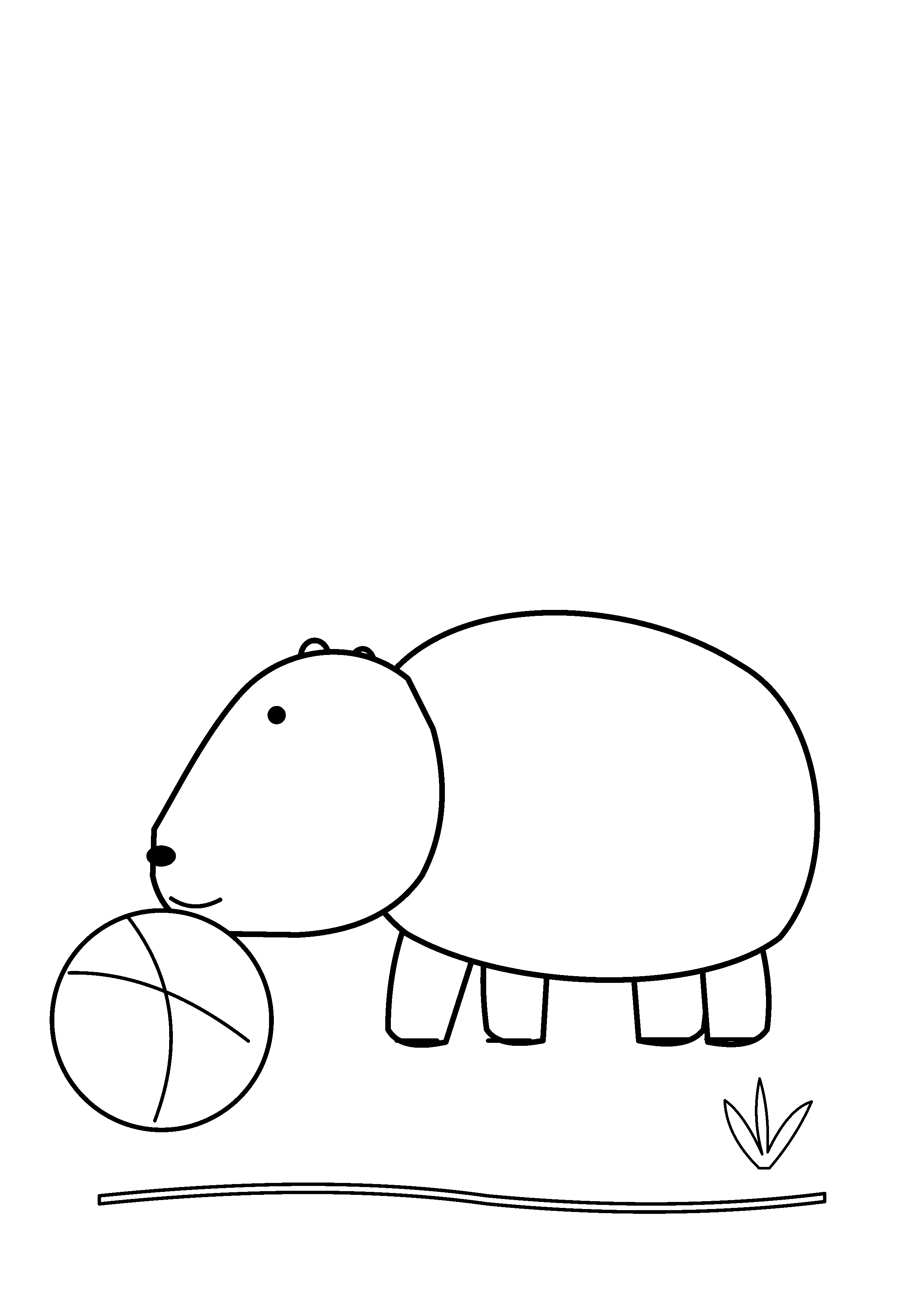 A capybara nudges a large ball with its nose.