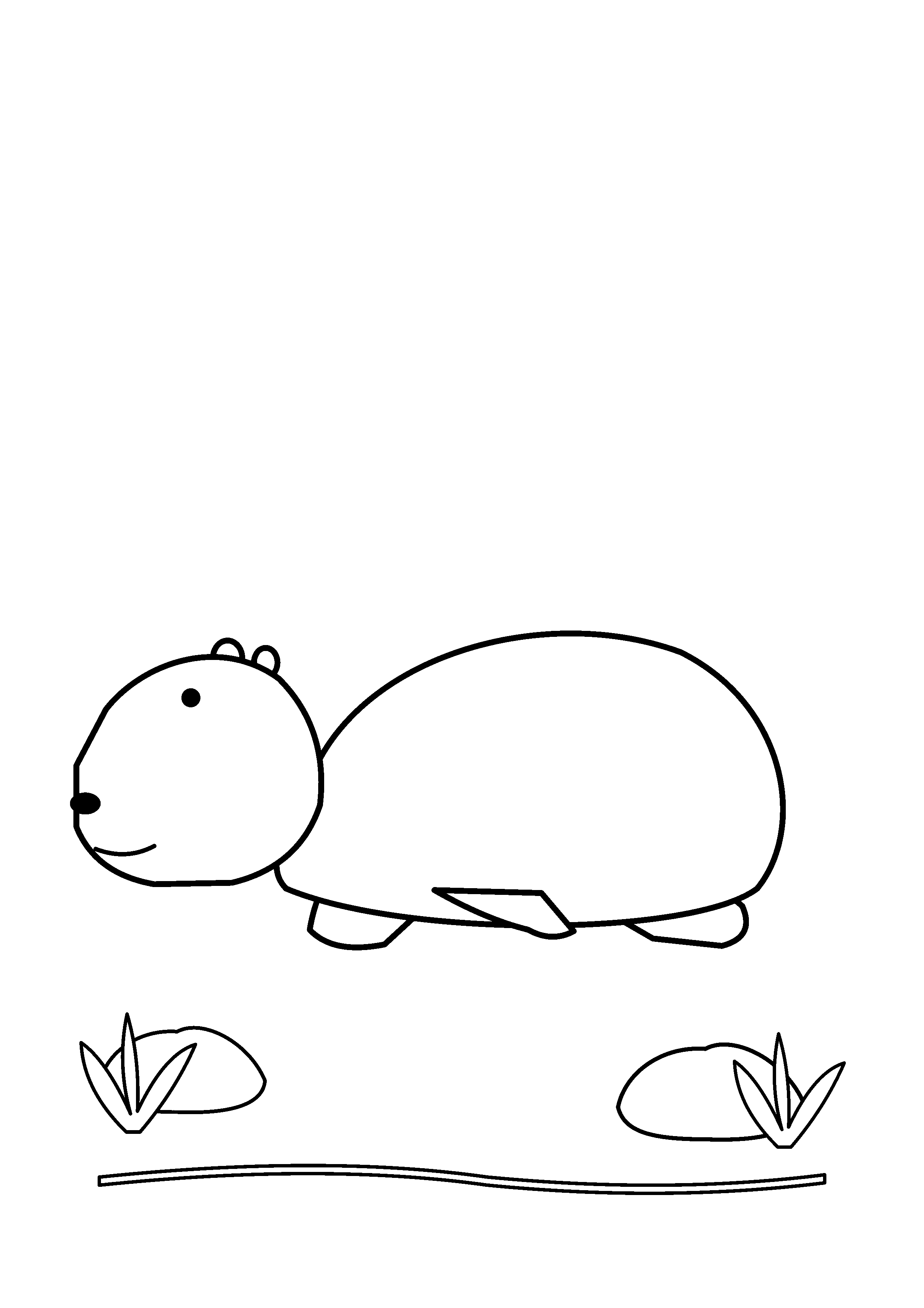 A capybara lies on a riverbank beside smooth stones.