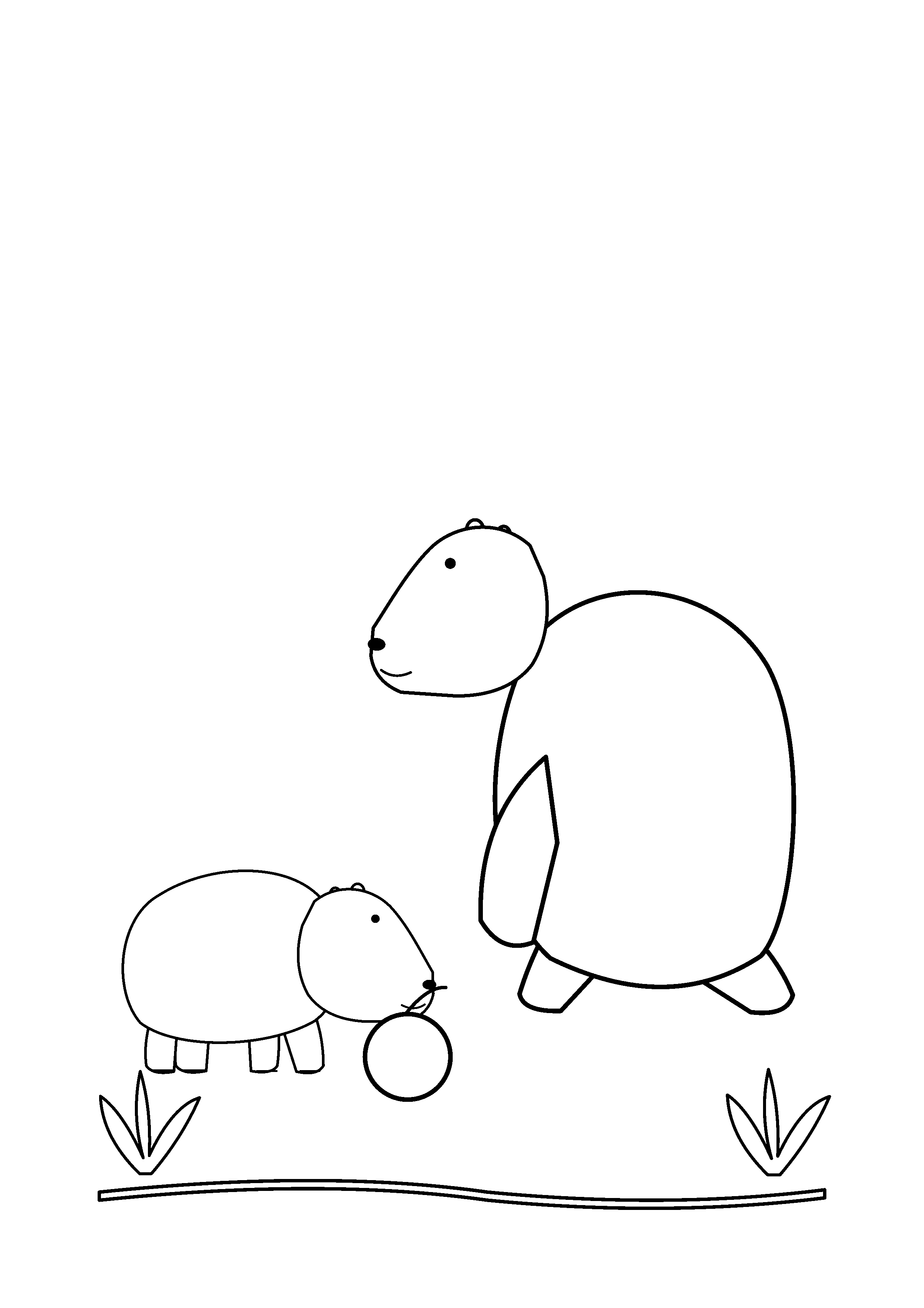 A capybara and its baby share a piece of fruit.