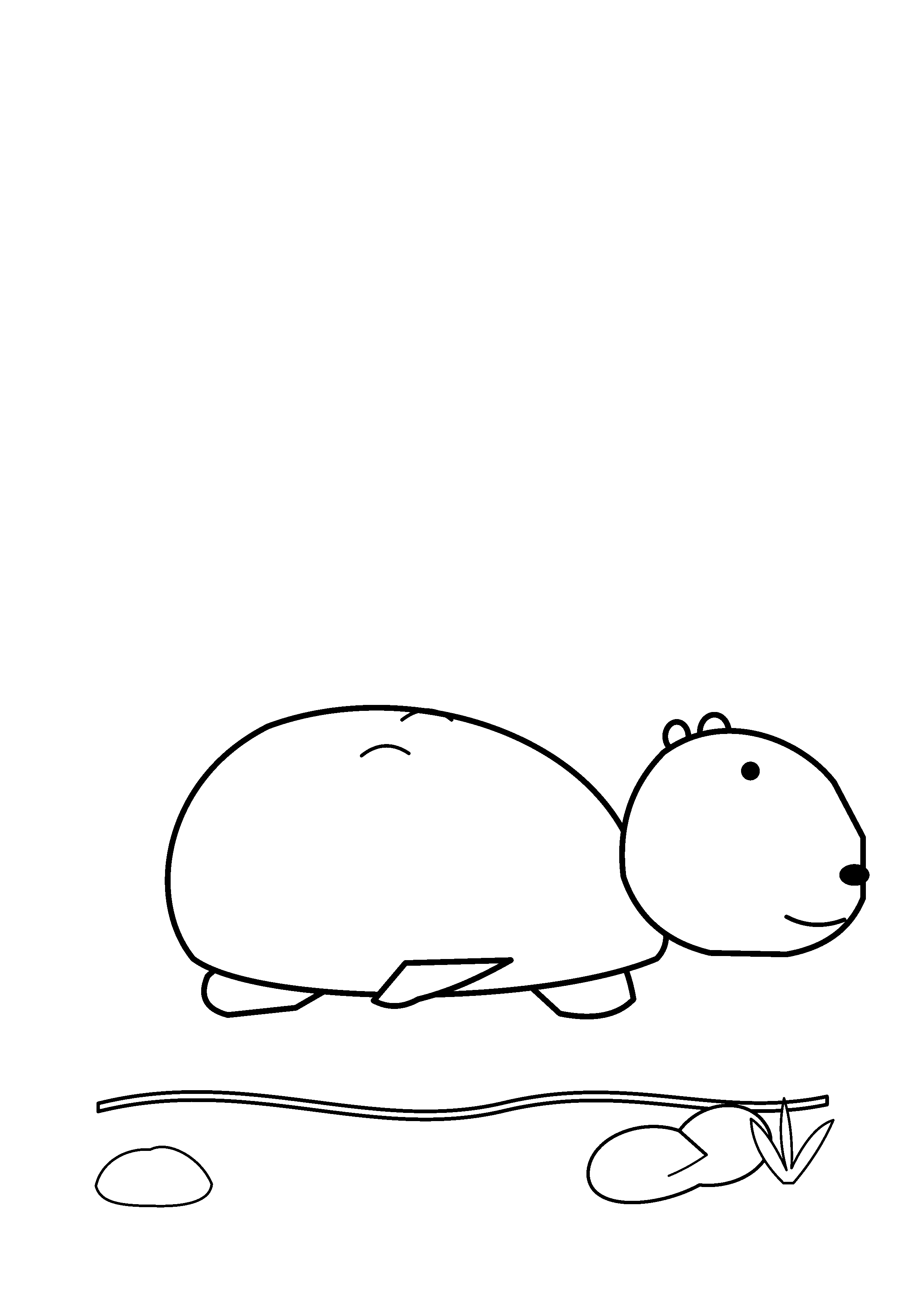 A curled capybara sleeps beside a pond.