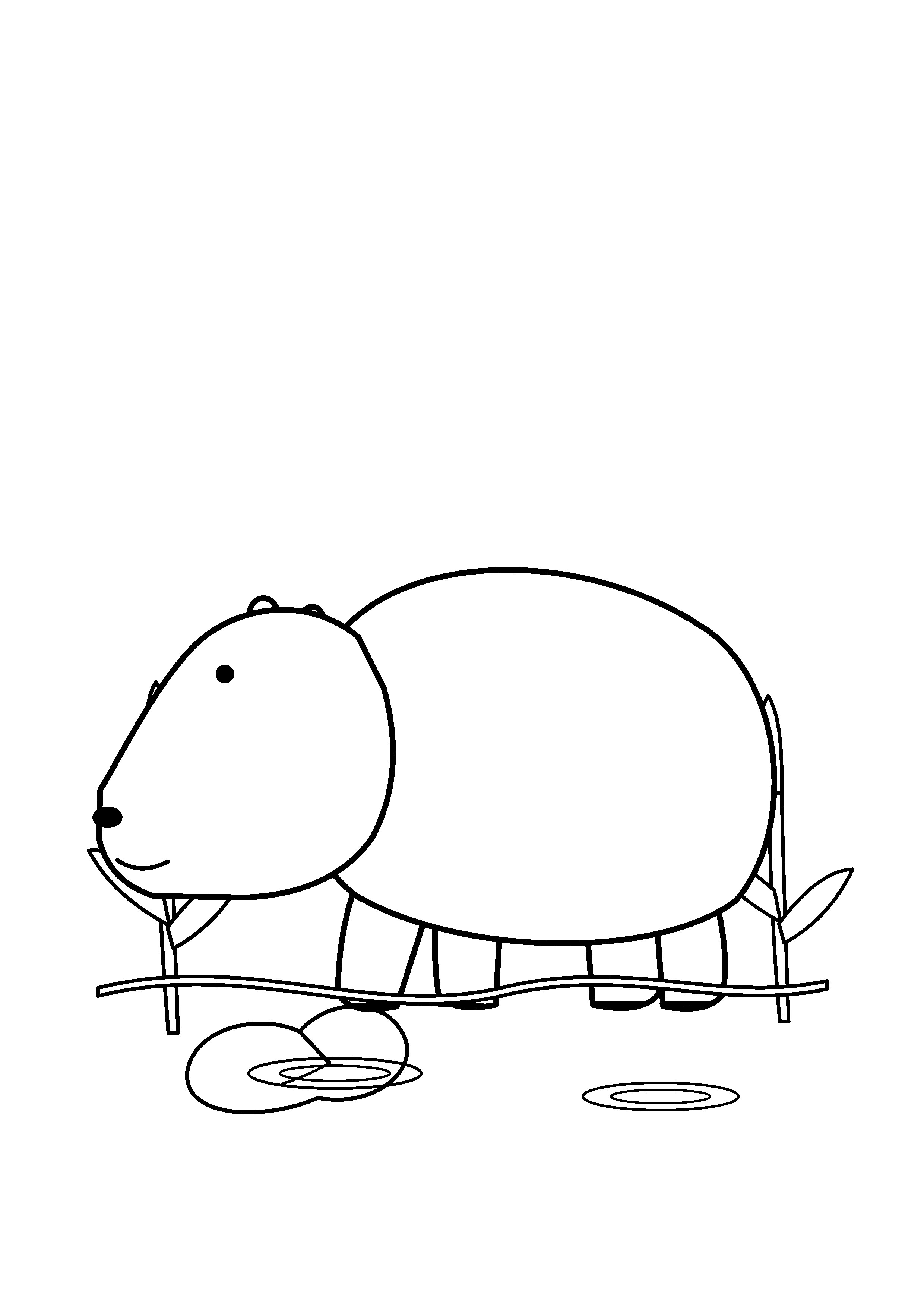 A capybara wades through a pond between broad reeds.