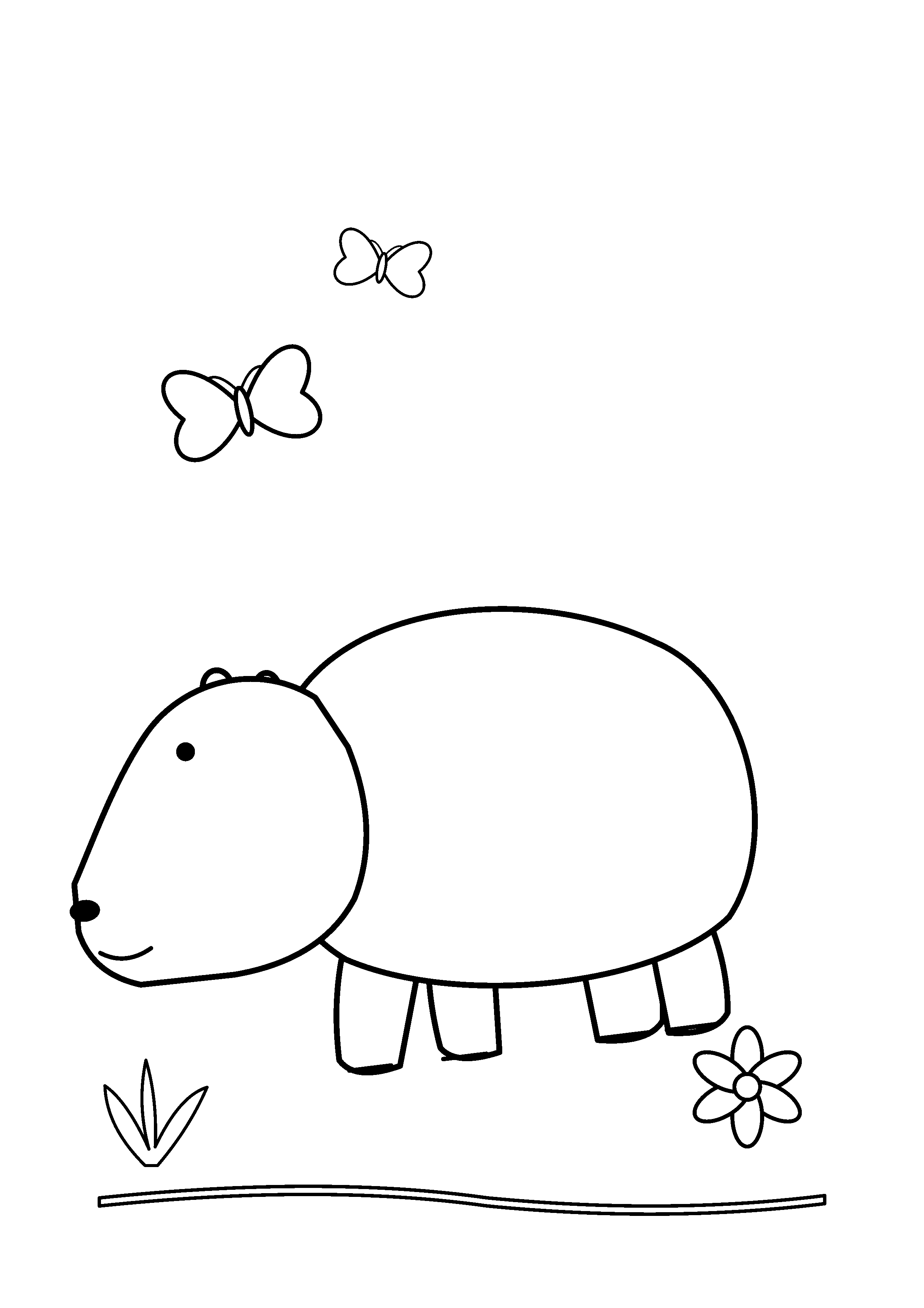 A capybara lifts its nose toward two butterflies.