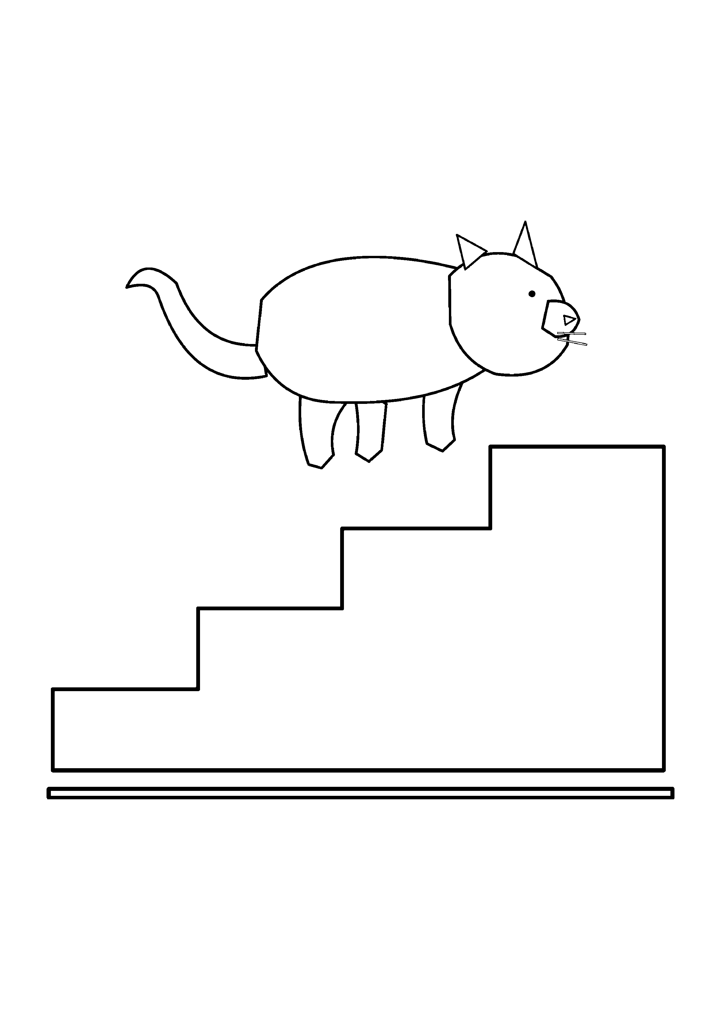 A cat steps upward on a short curved staircase.