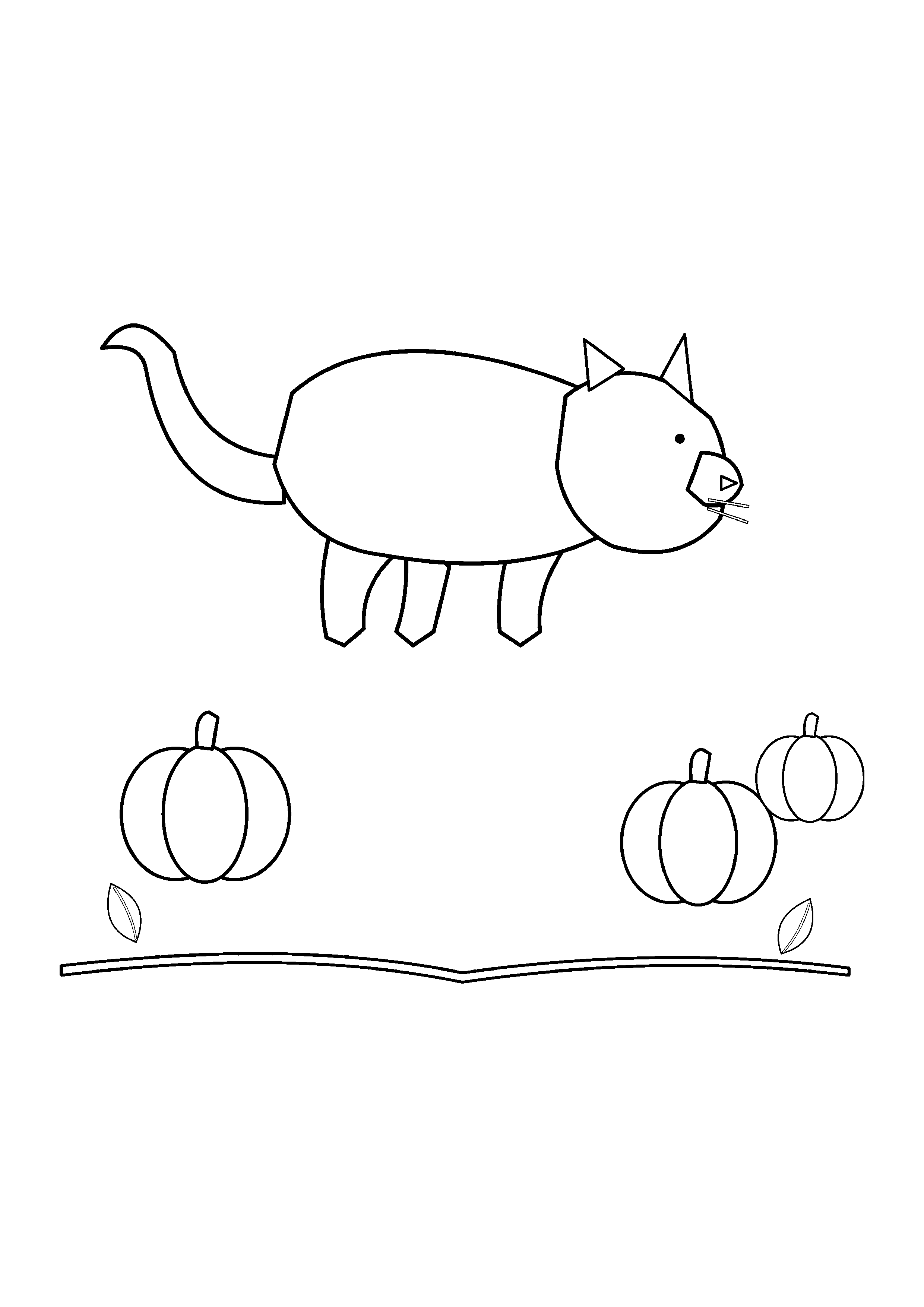 A cat walks among three large pumpkins with curling vines.