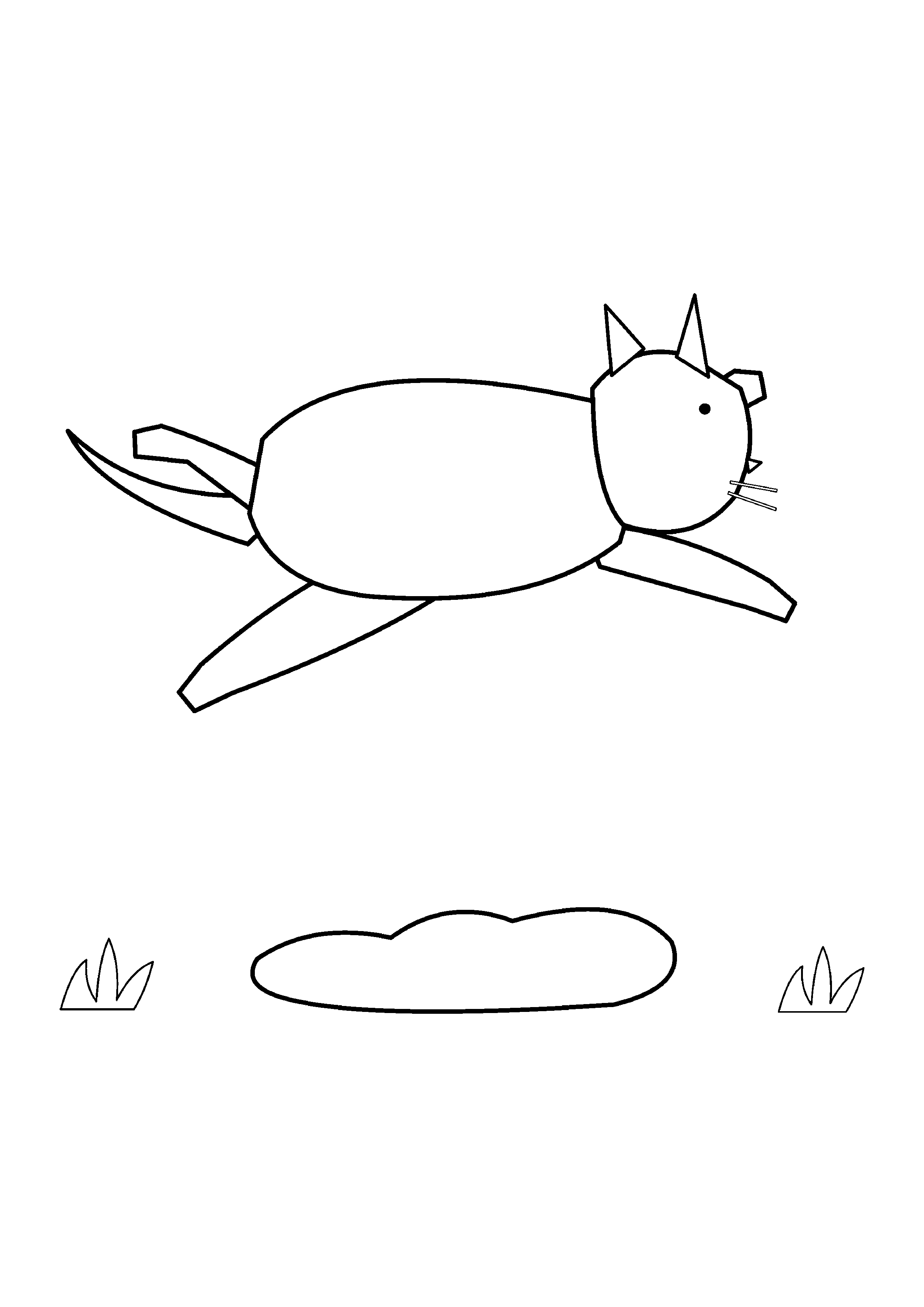A cat leaps with all four paws above a small puddle.