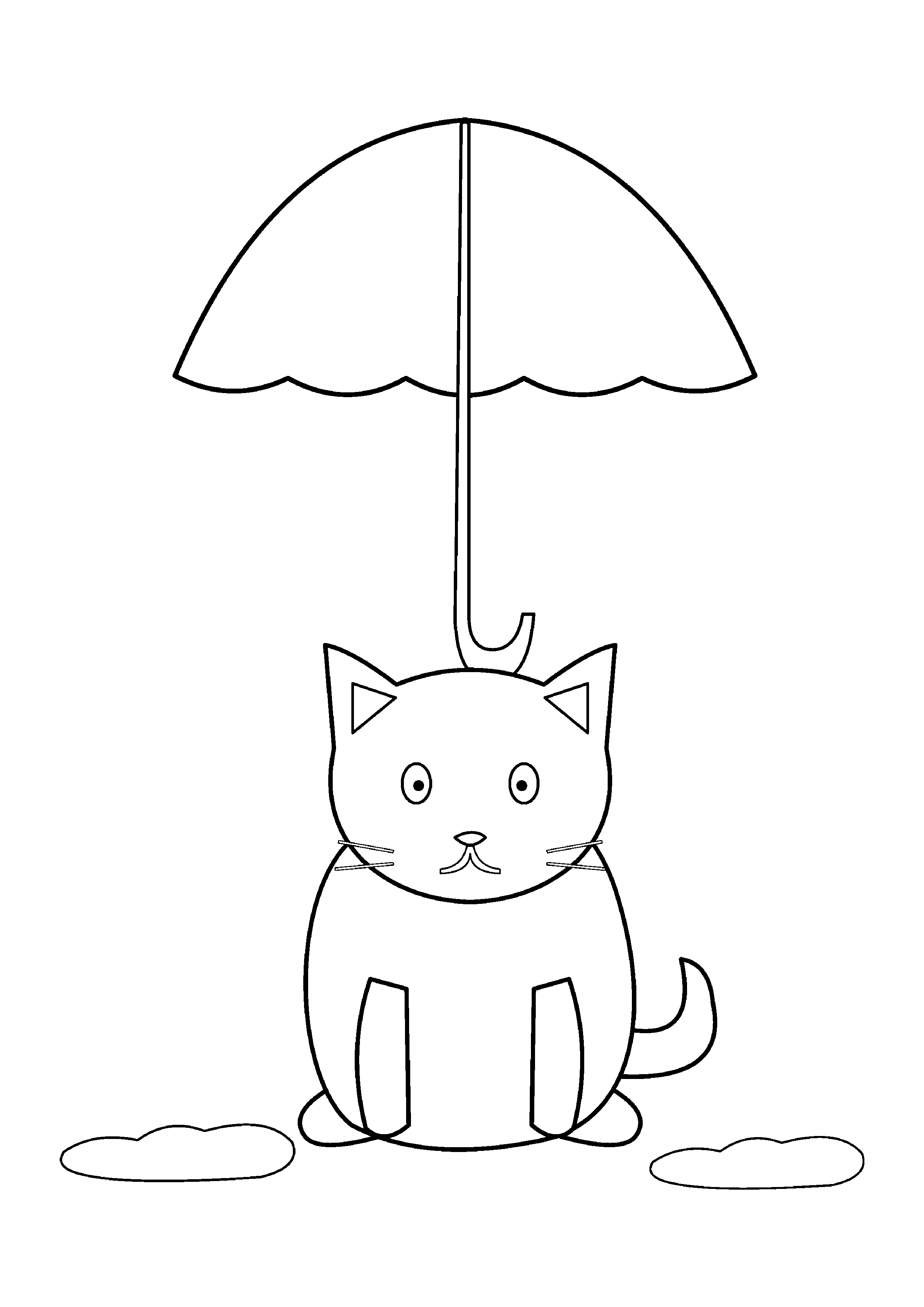 A seated cat shelters under an open umbrella beside puddles.