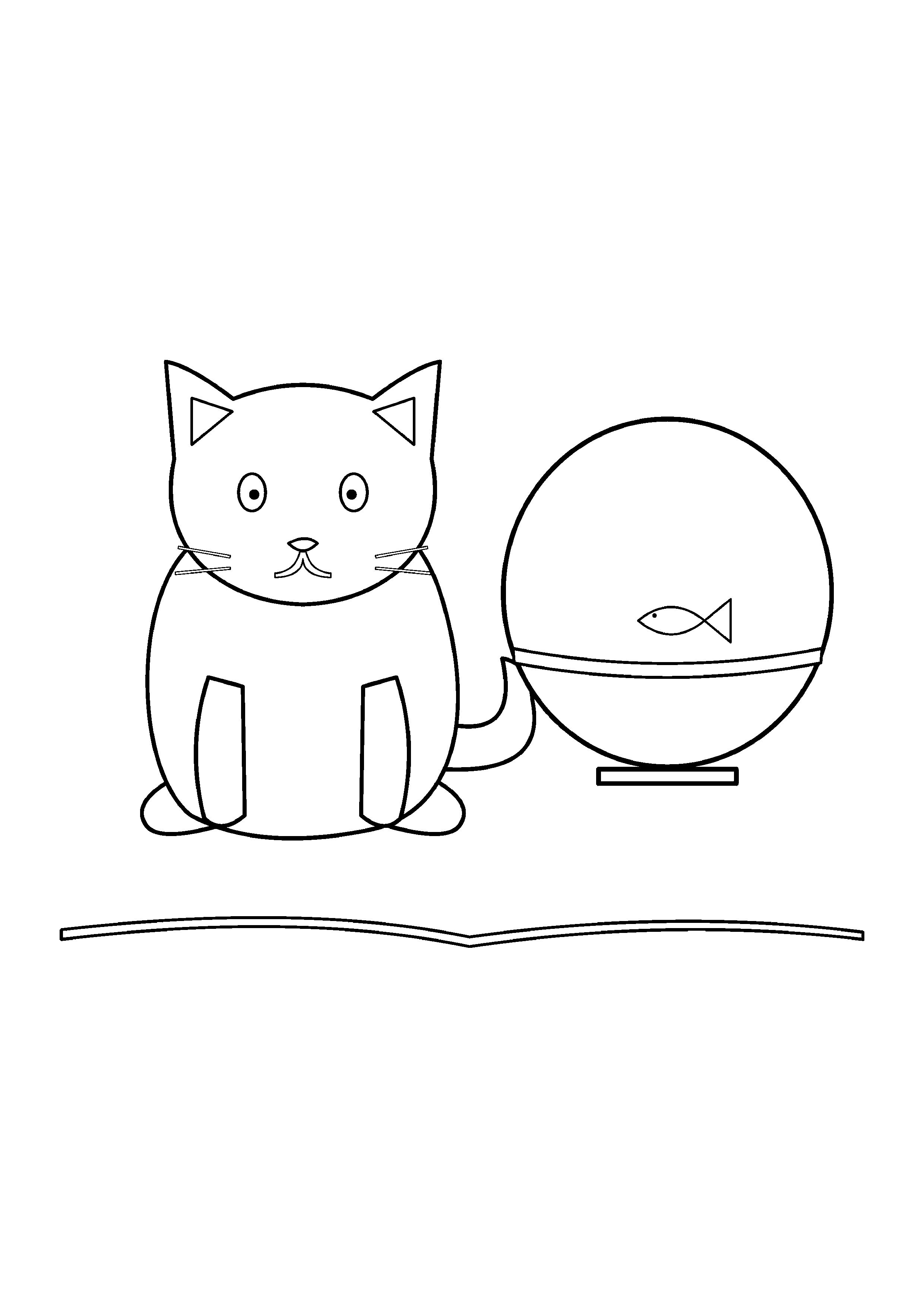 A cat sits upright beside a bowl containing one fish.