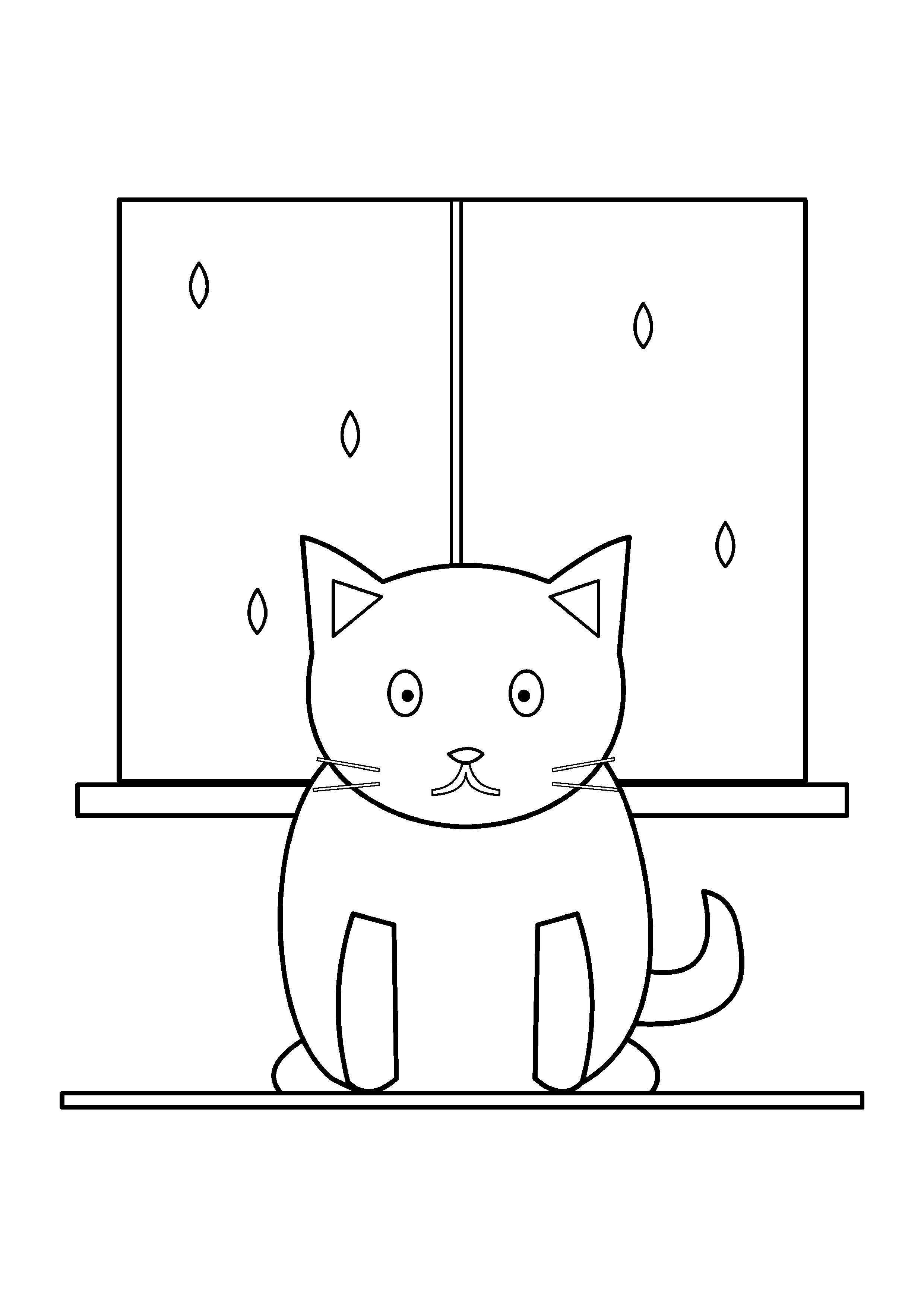 A seated cat watches raindrops from a wide windowsill.