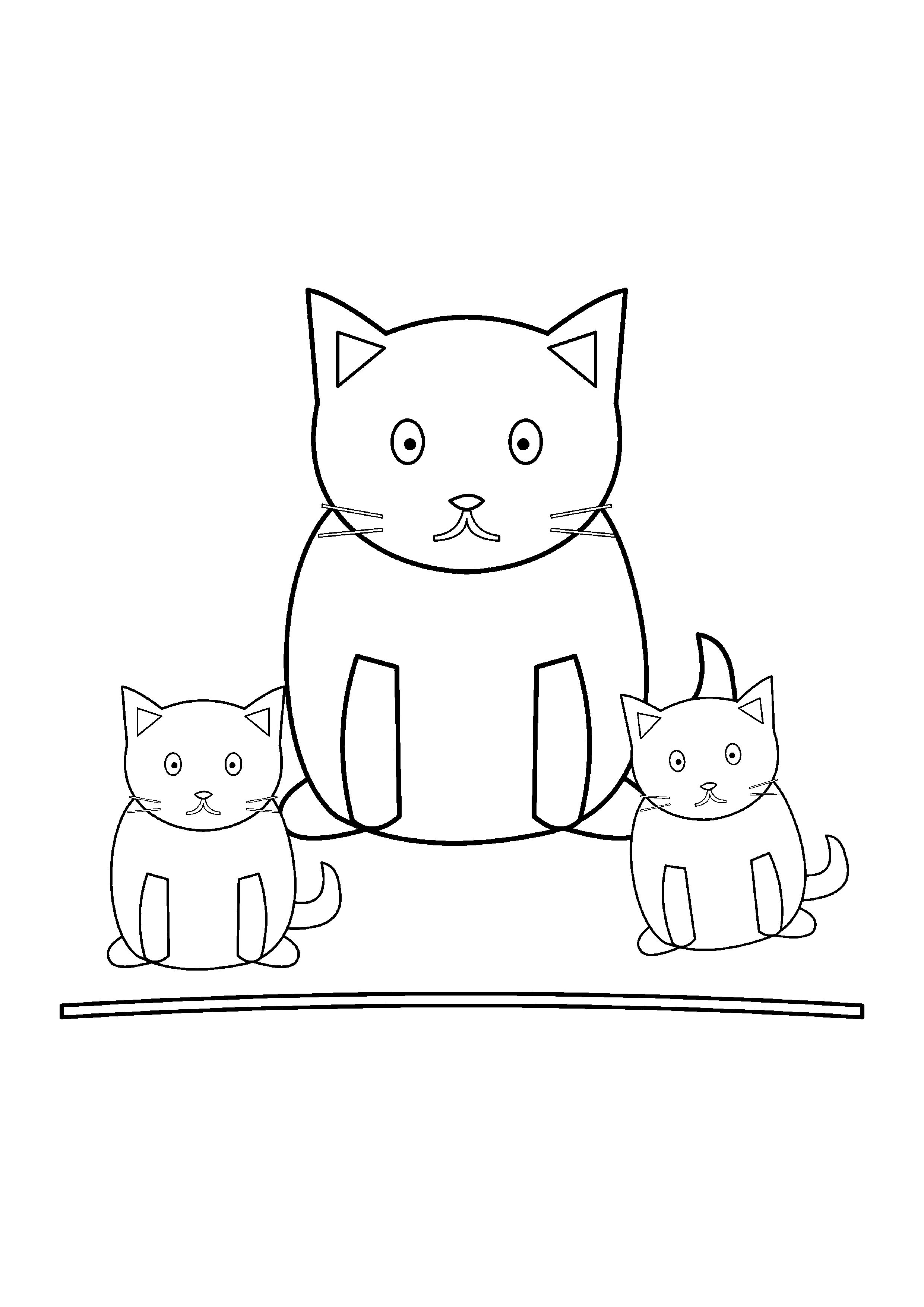 A mother cat sits beside two small kittens on a rug.
