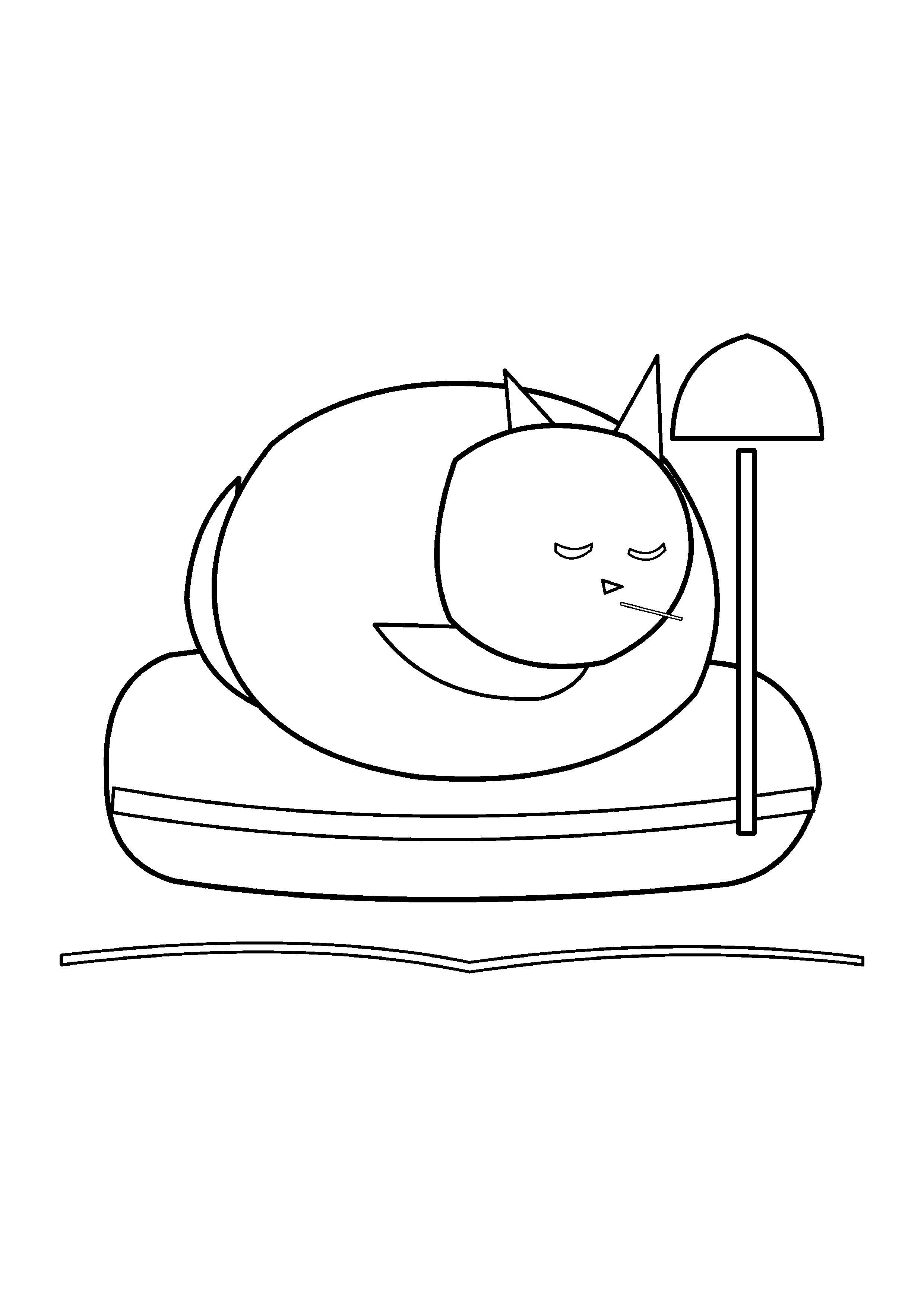 A curled cat sleeps on a round cushion beside a small lamp.