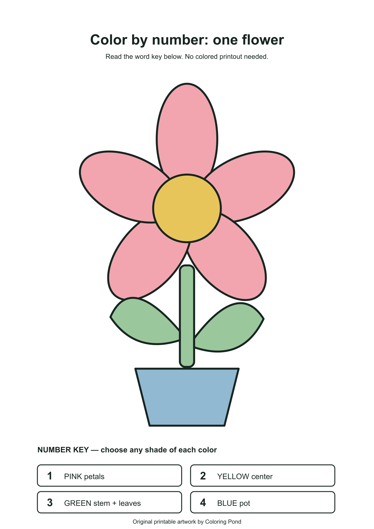 Original flower colored with pink petals, yellow center, green stem and leaves, and blue pot