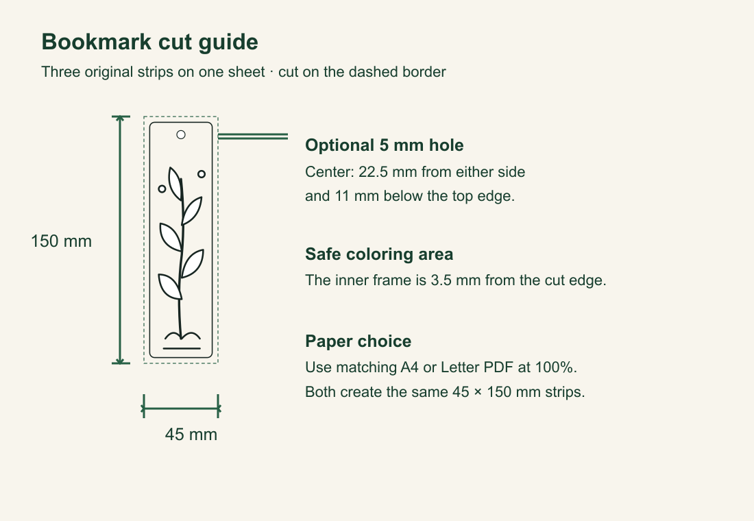 Dimensioned diagram of a 45 by 150 millimeter bookmark with optional hole 11 millimeters below top