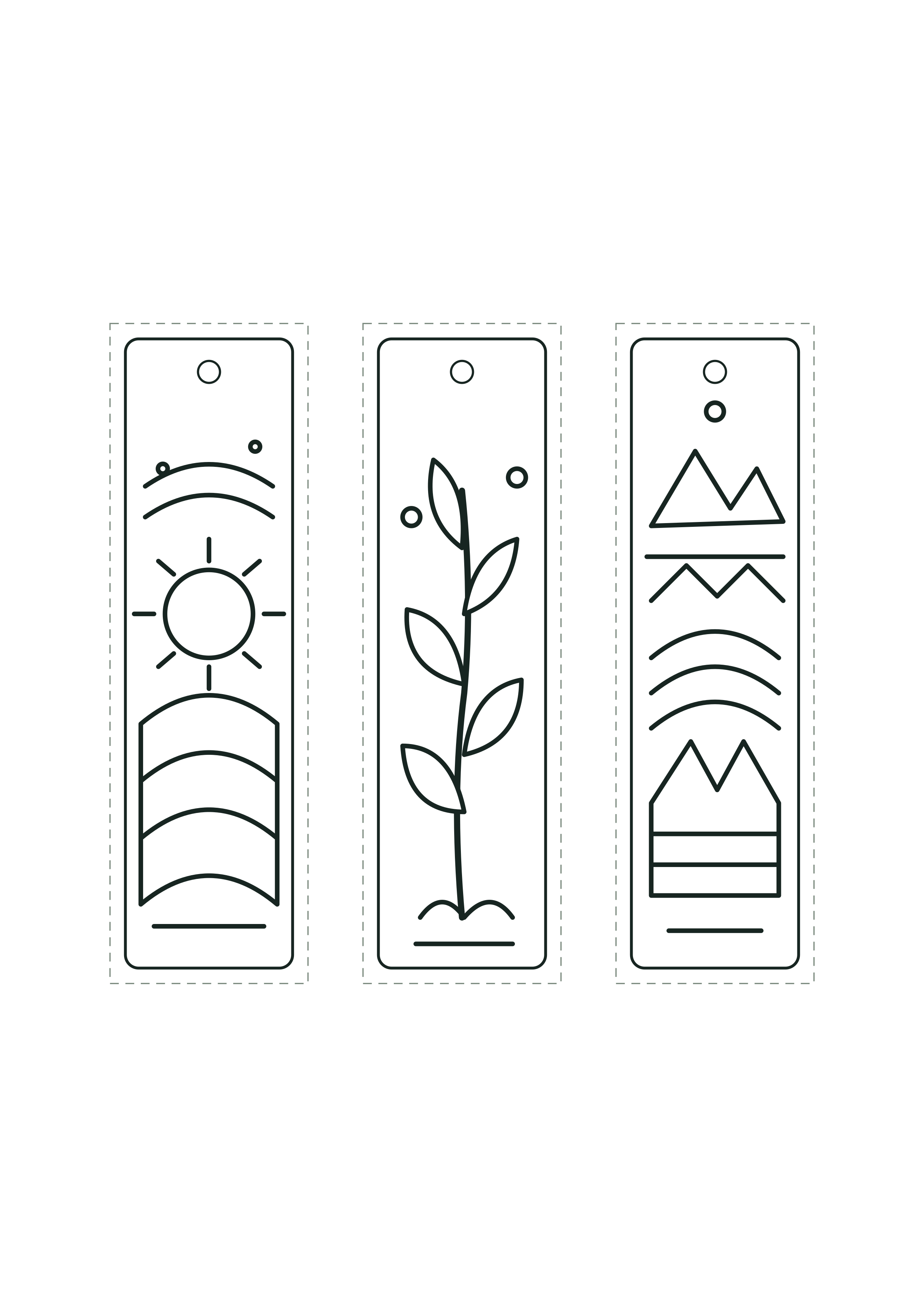A4 sheet with three original narrow coloring bookmarks and dashed cut lines