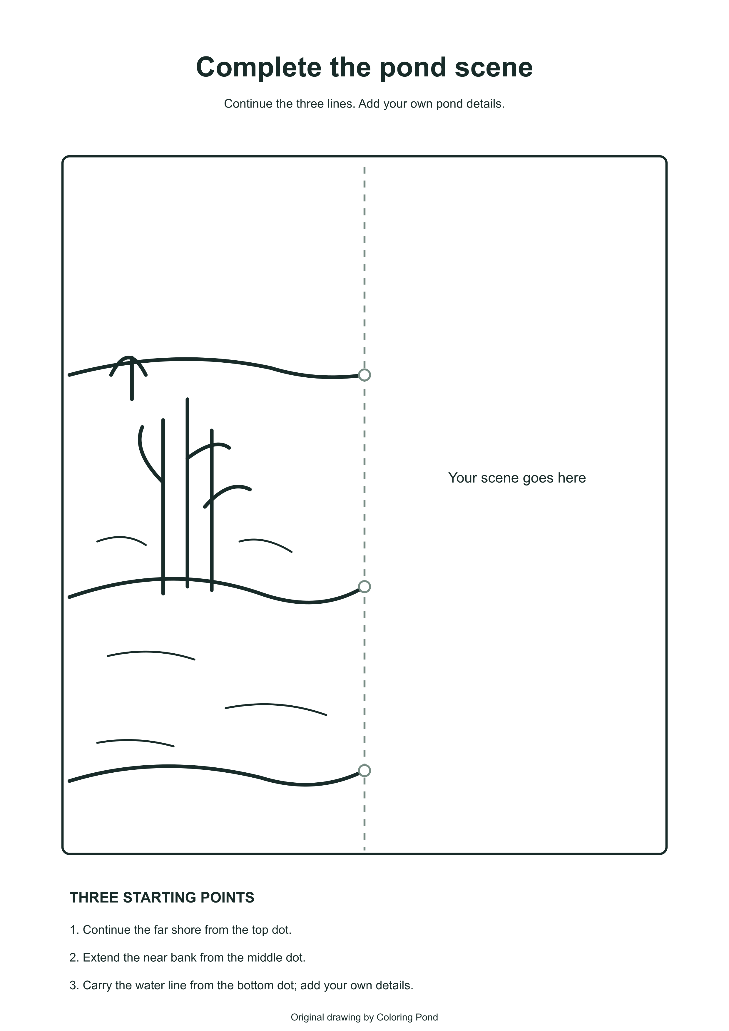 Original printable pond scene with completed left side and open right side