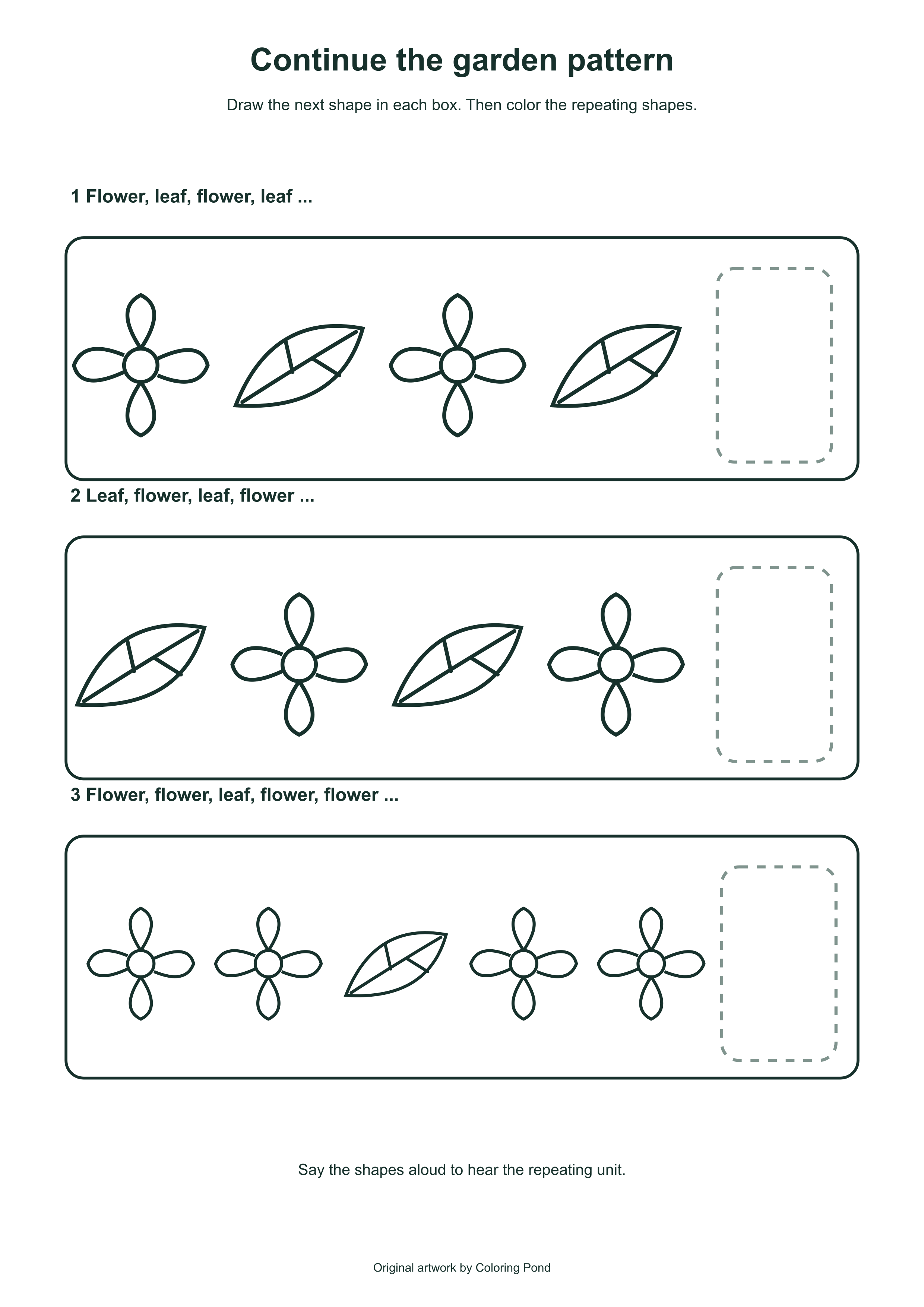 Original printable worksheet with three flower and leaf sequences and blank boxes to finish