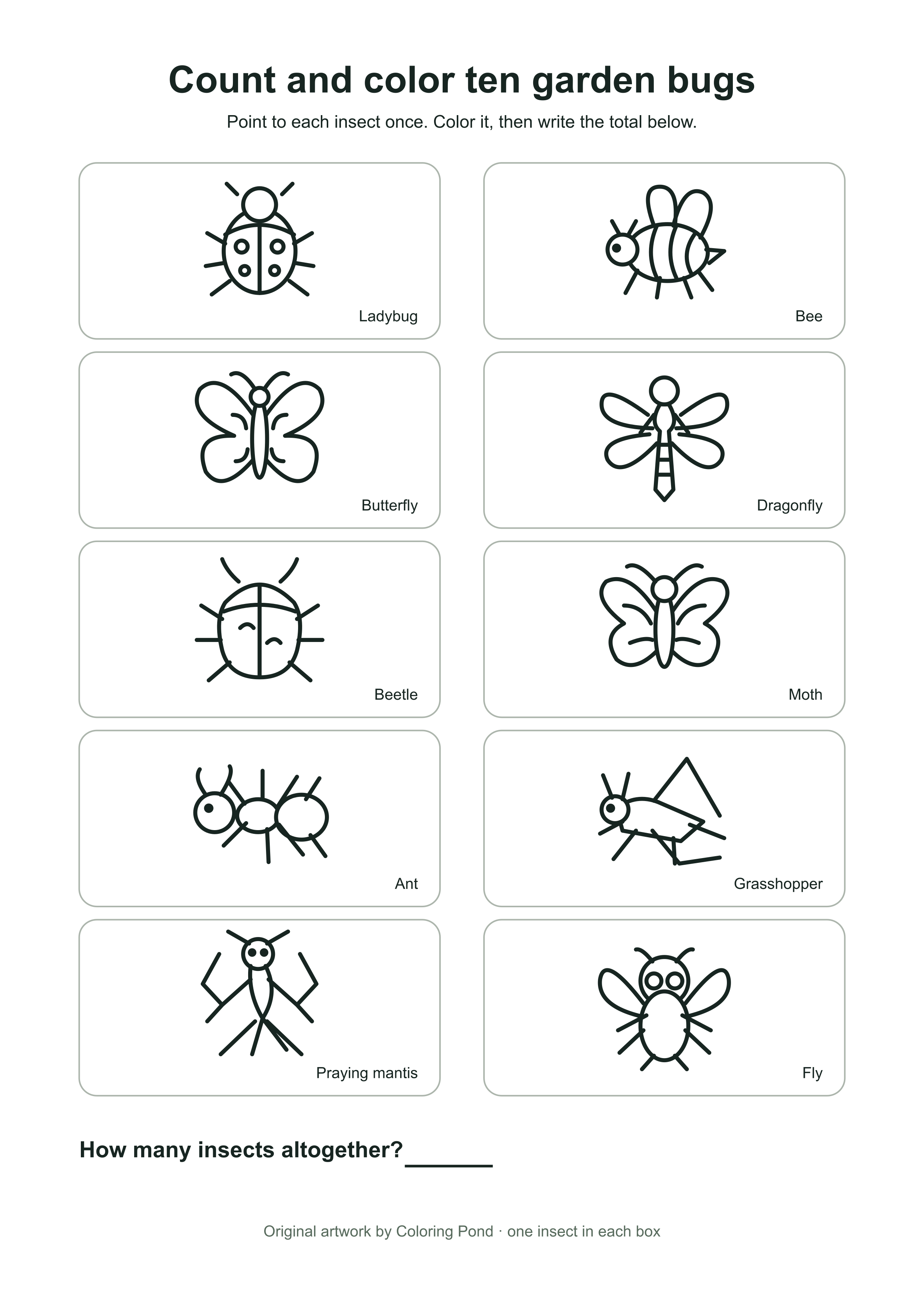 Printable worksheet with ten different original garden insects in five rows of two