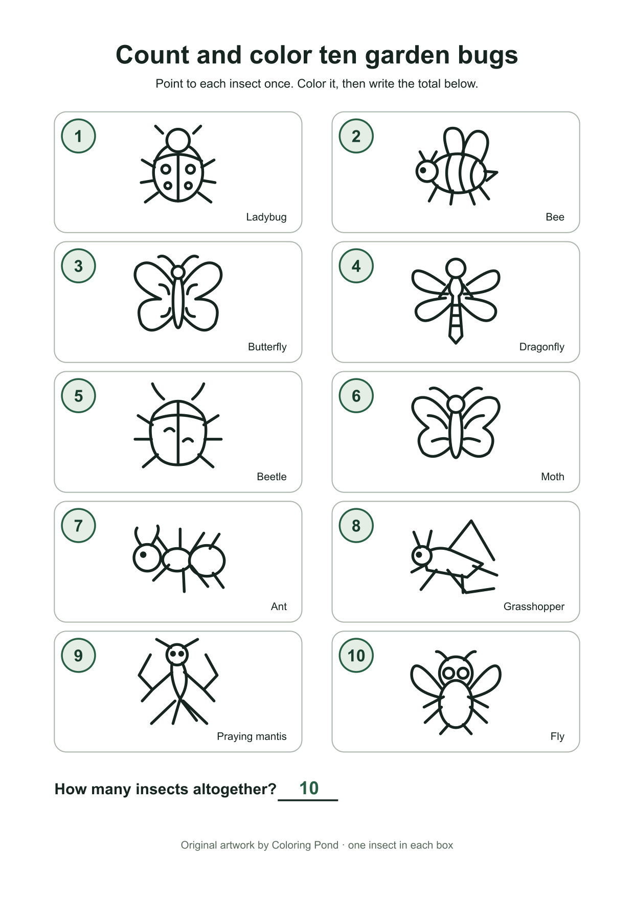 Numbered answer guide marking one insect in each of ten boxes