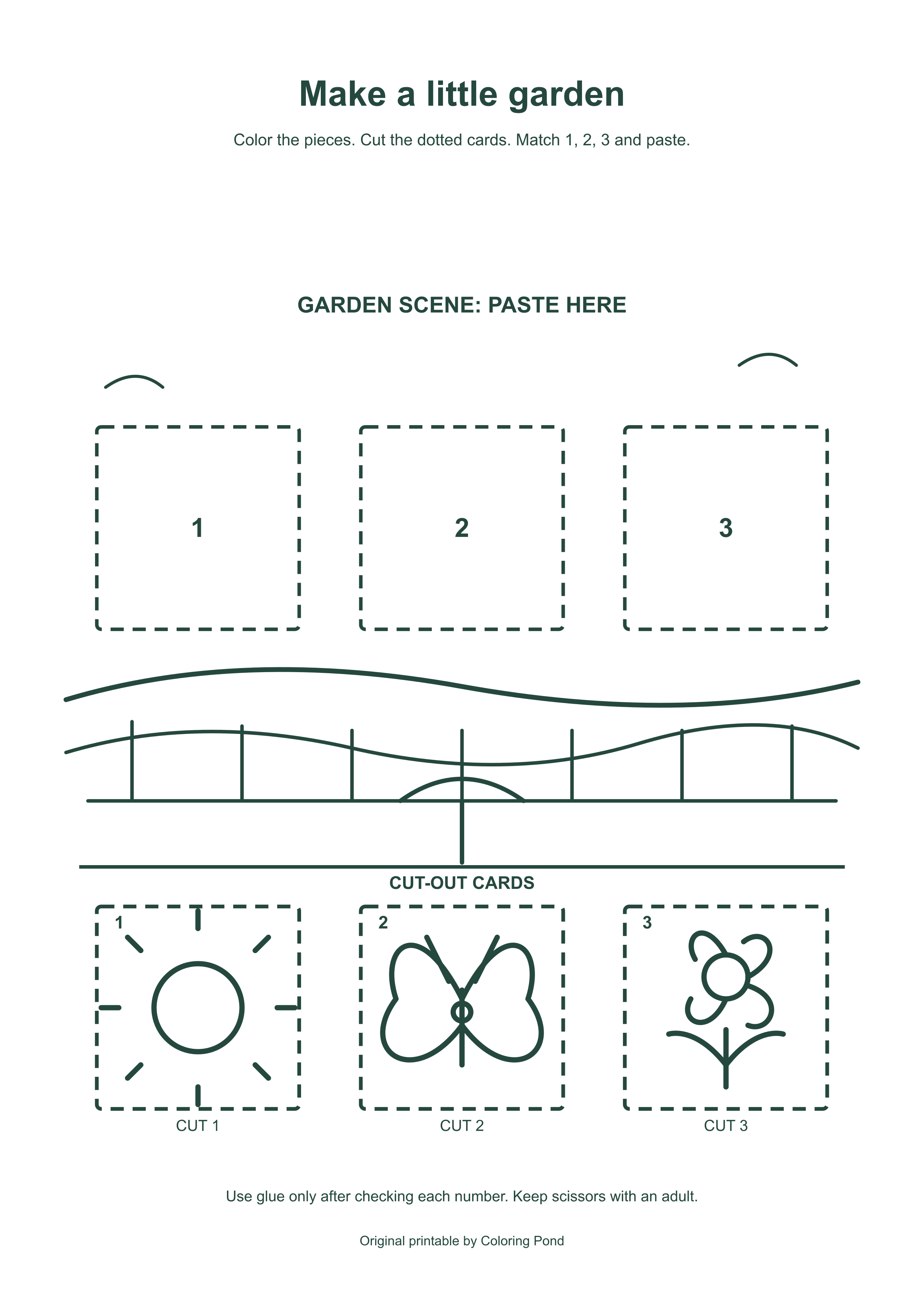 Original printable garden scene with three numbered paste spaces and three cut-out cards
