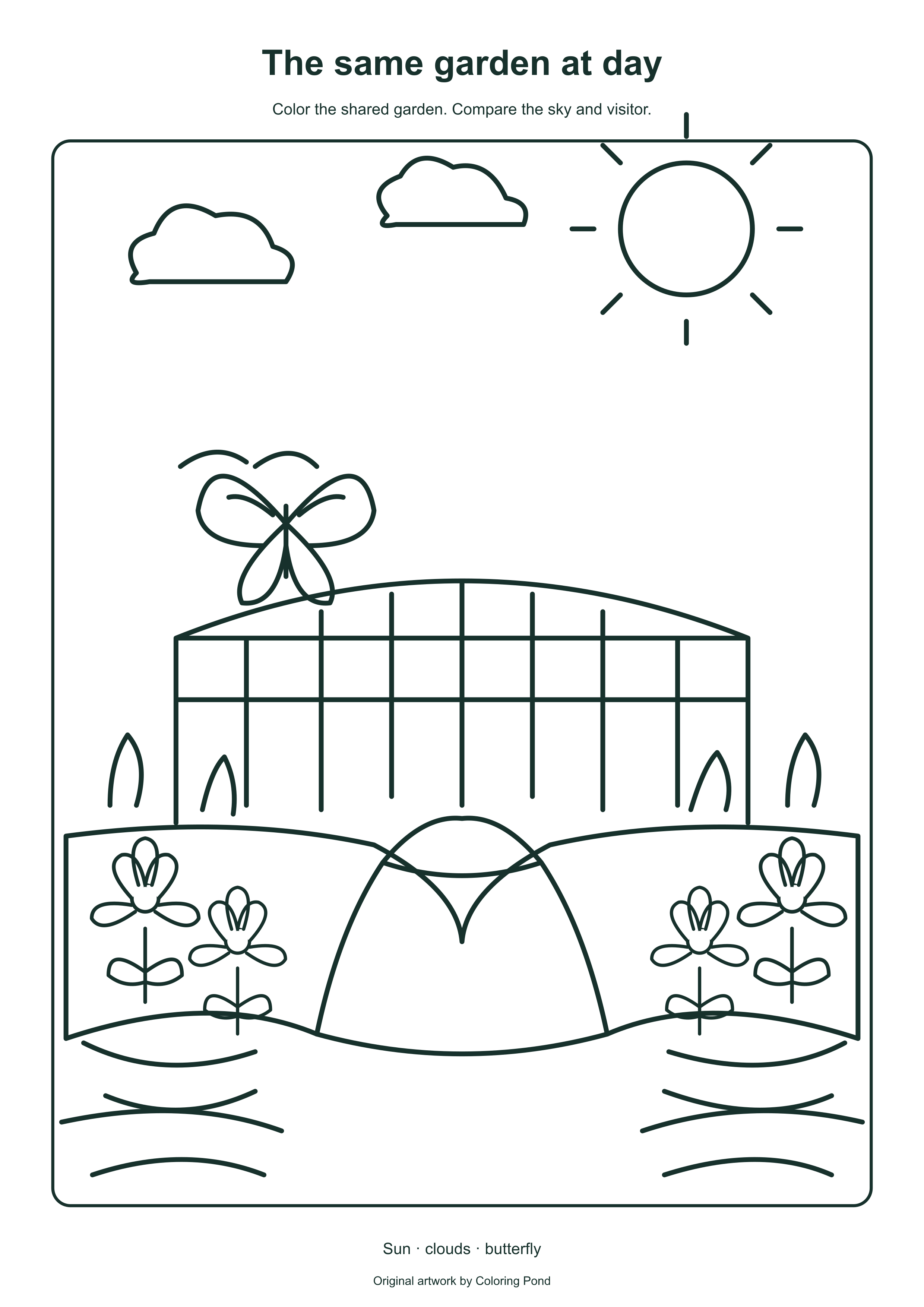 Original daytime garden coloring page with fence, flowers, sun and butterfly