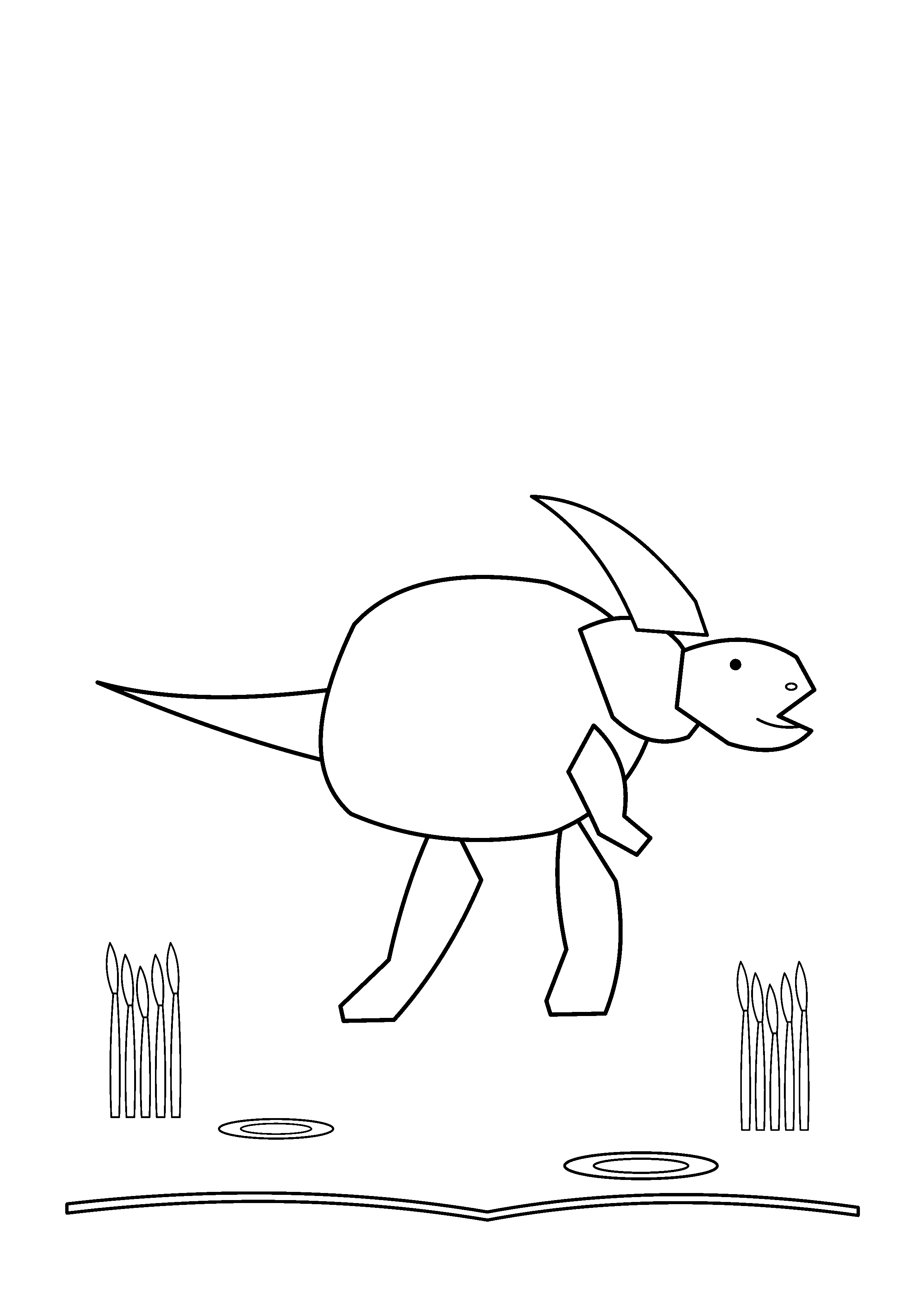 A Parasaurolophus stands by a lake with reeds and ripples.