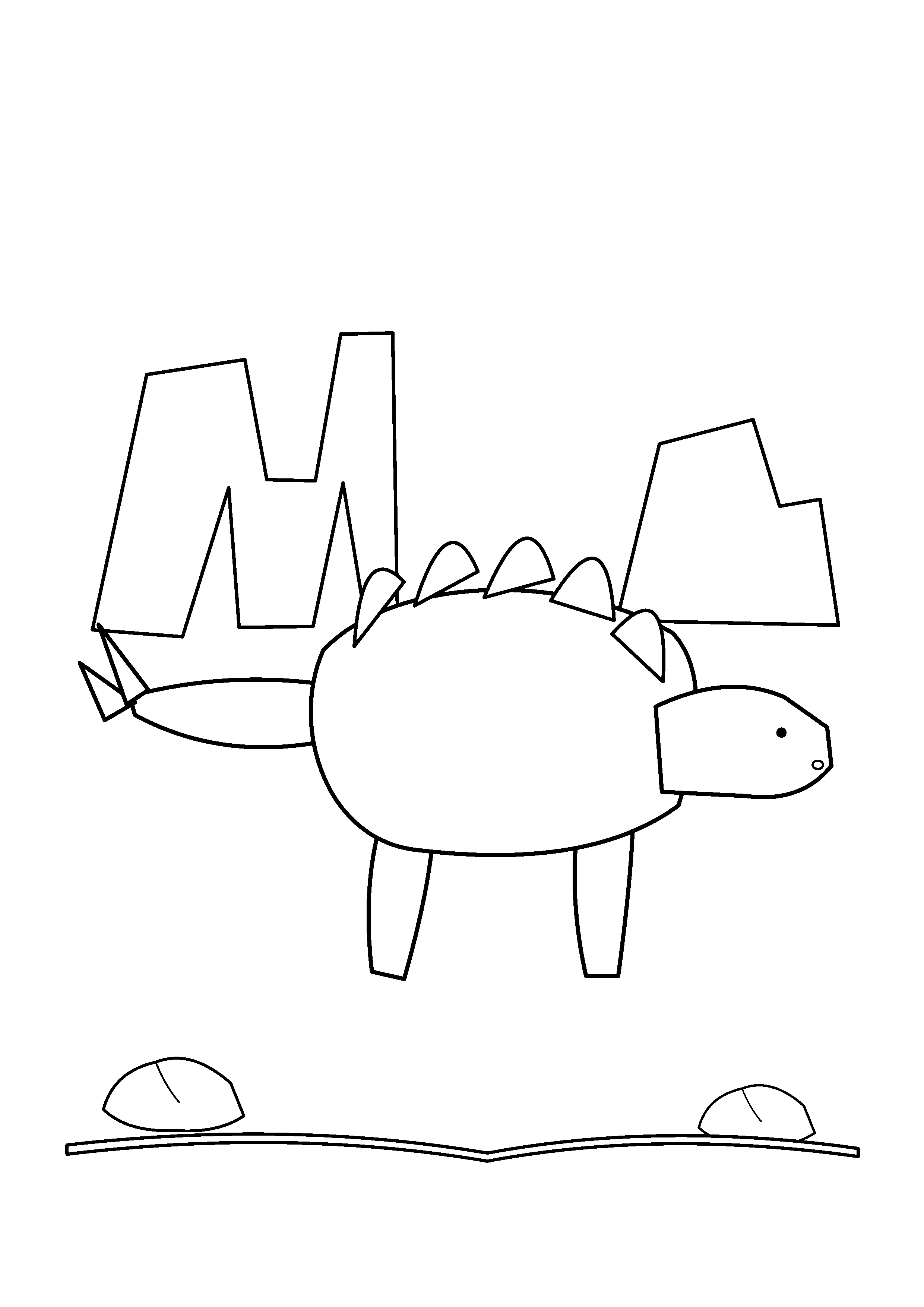 A Stegosaurus strolls below tall rocky cliffs.