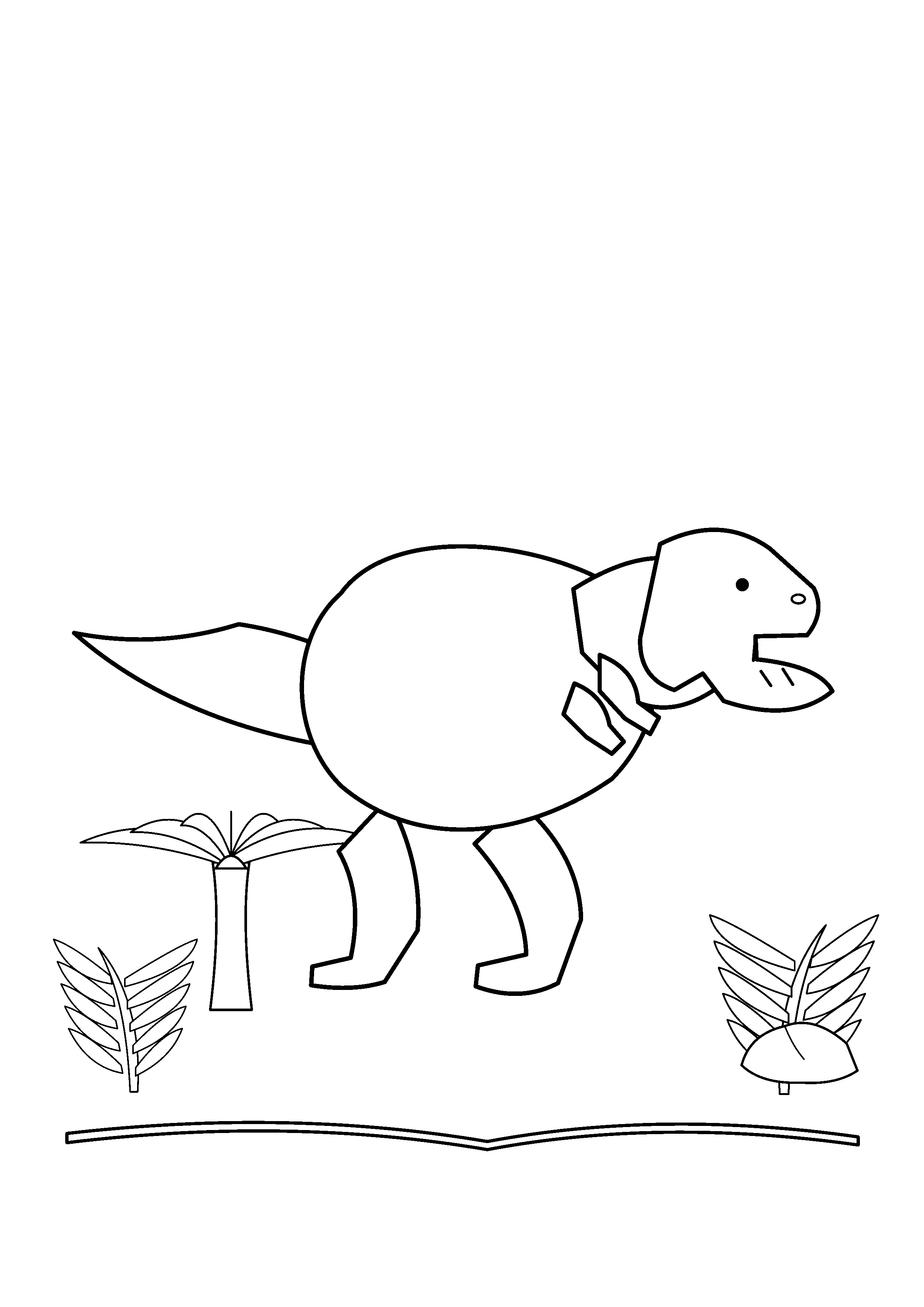 A Tyrannosaurus stands in a clearing bordered by broad ferns.