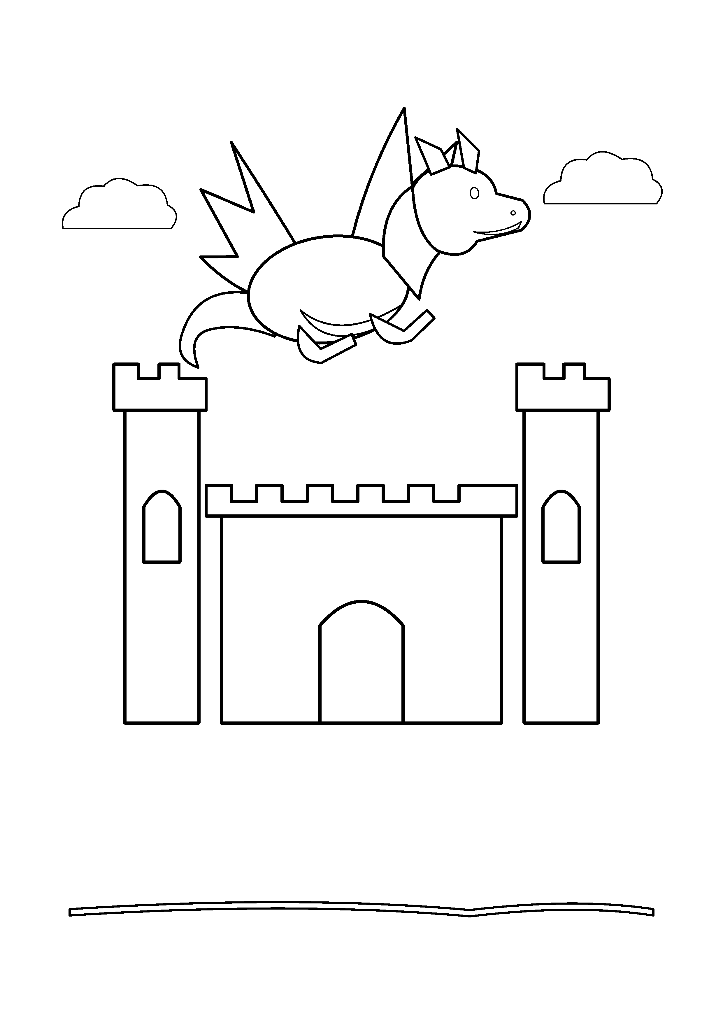 A flying dragon crosses the sky over a castle with two towers.
