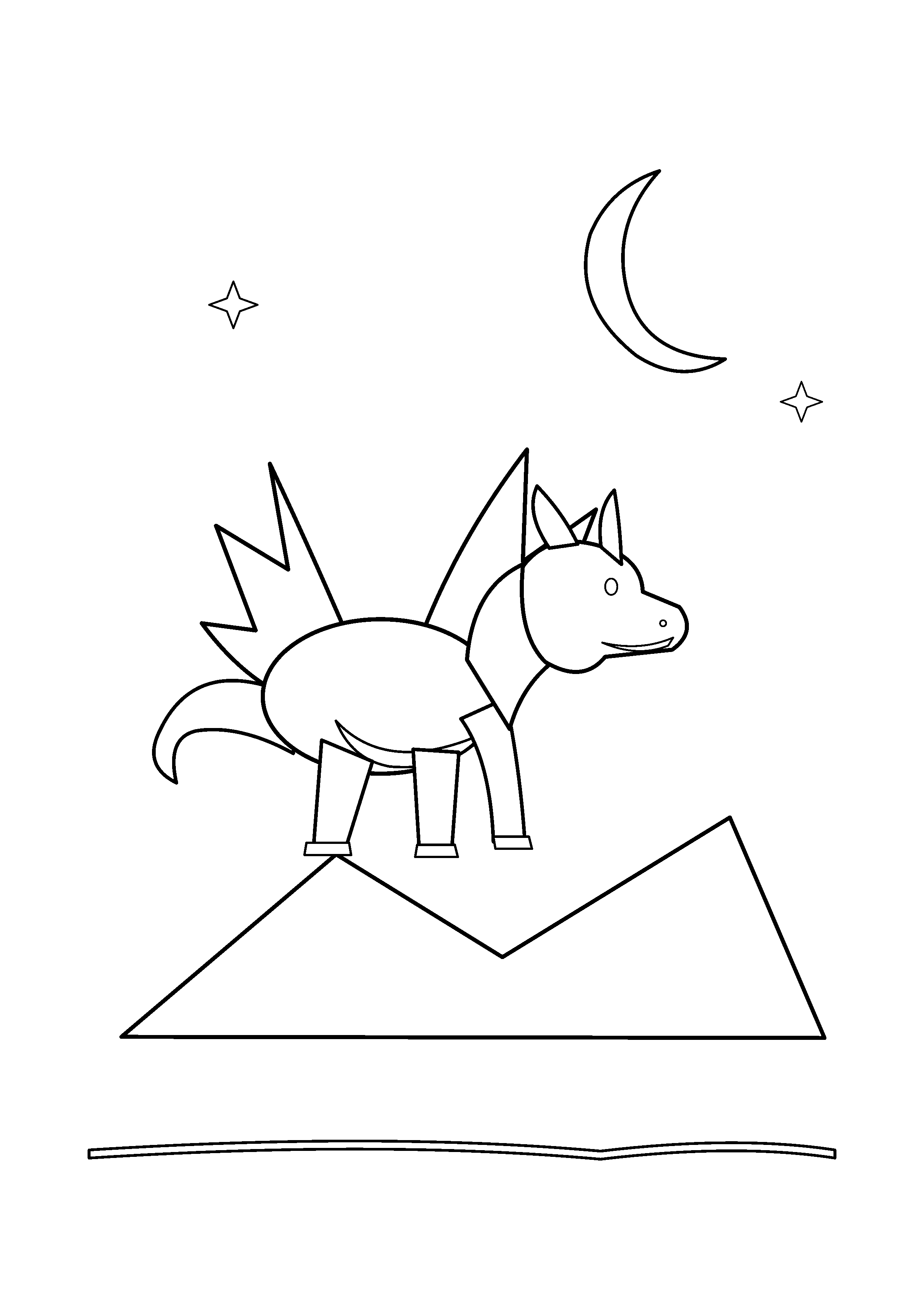 A dragon perches on a ridge beneath a crescent moon.