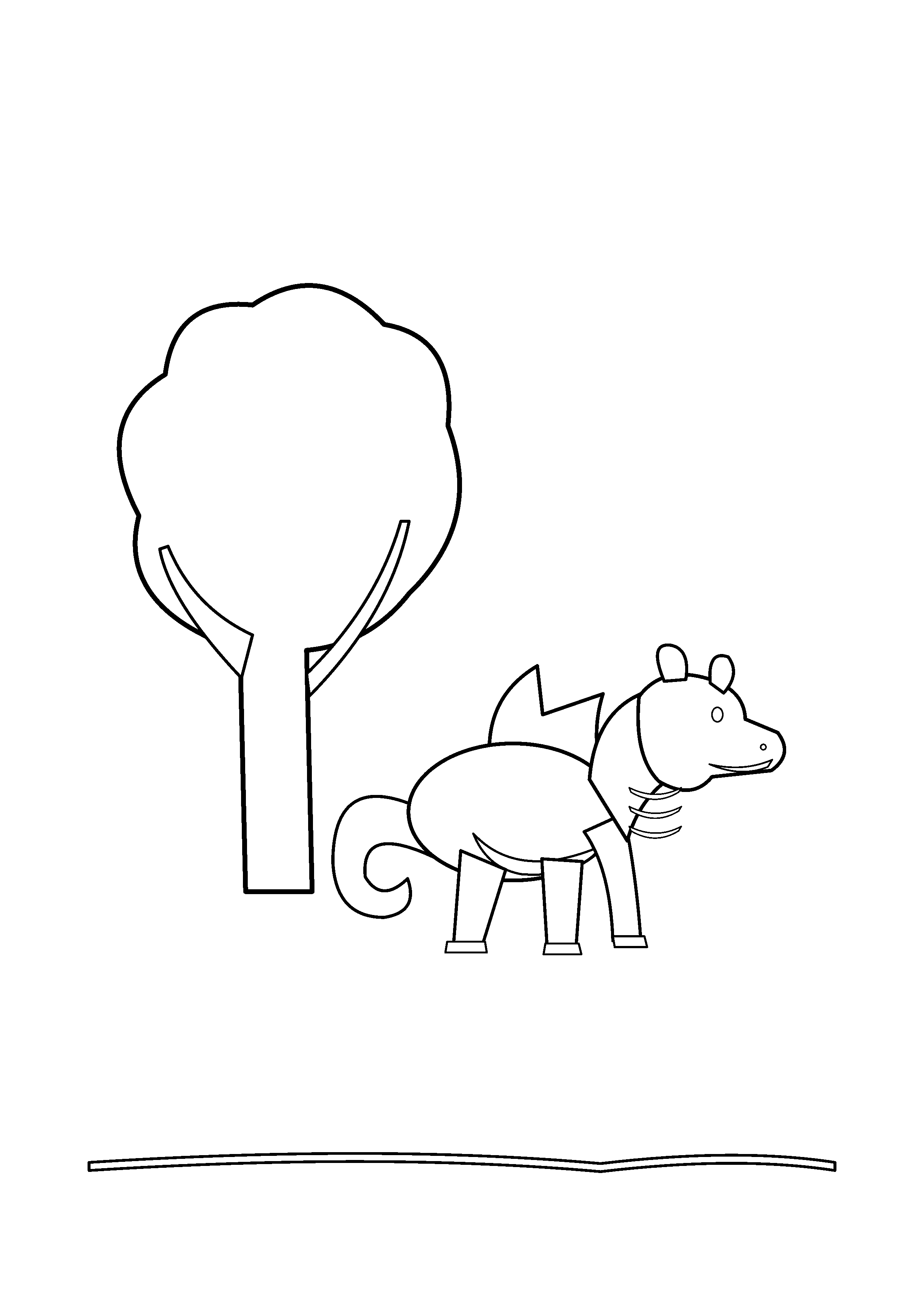 A dragon curls beside a wide old tree with arching branches.
