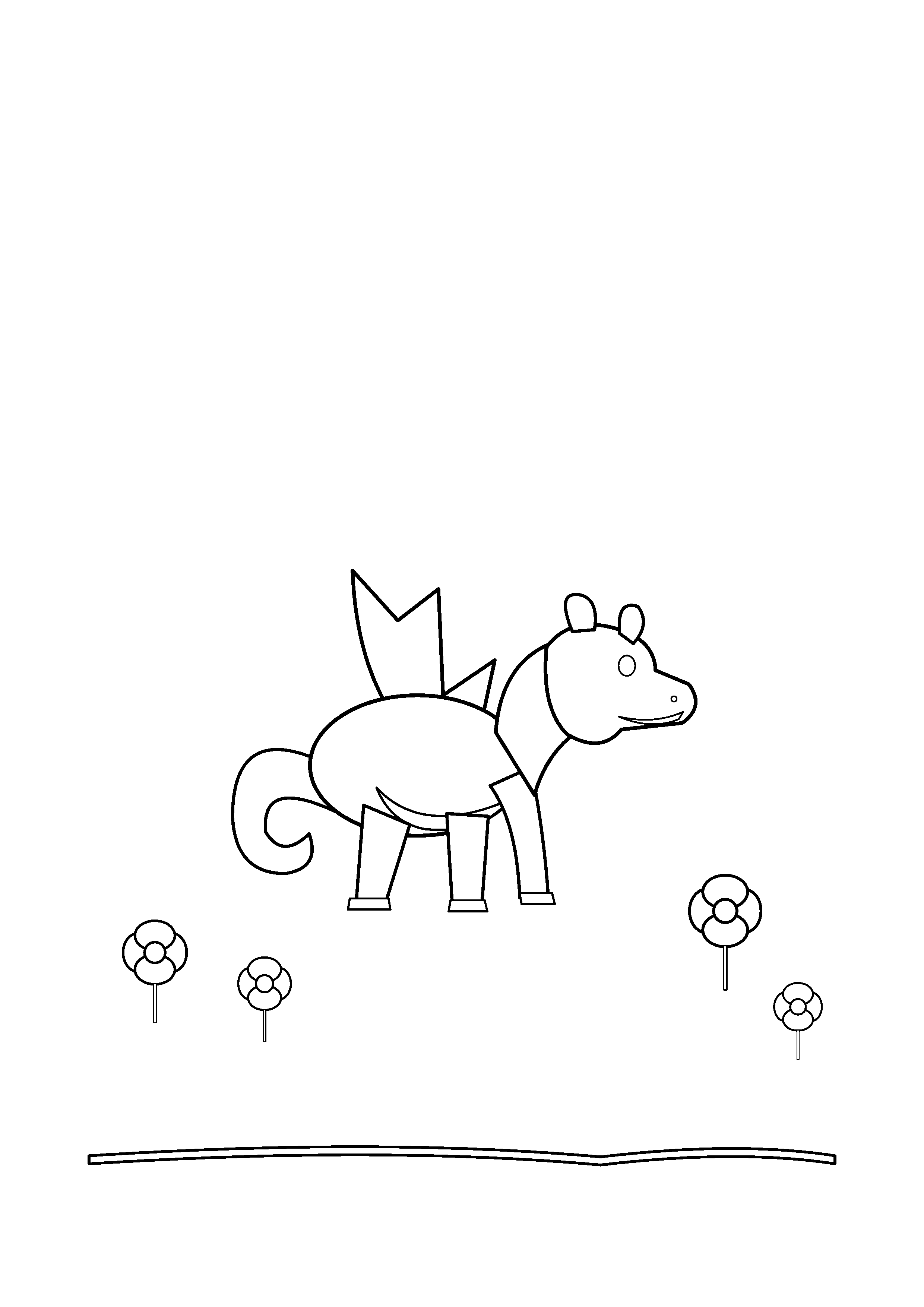 A friendly dragon stands among large flowers in a meadow.