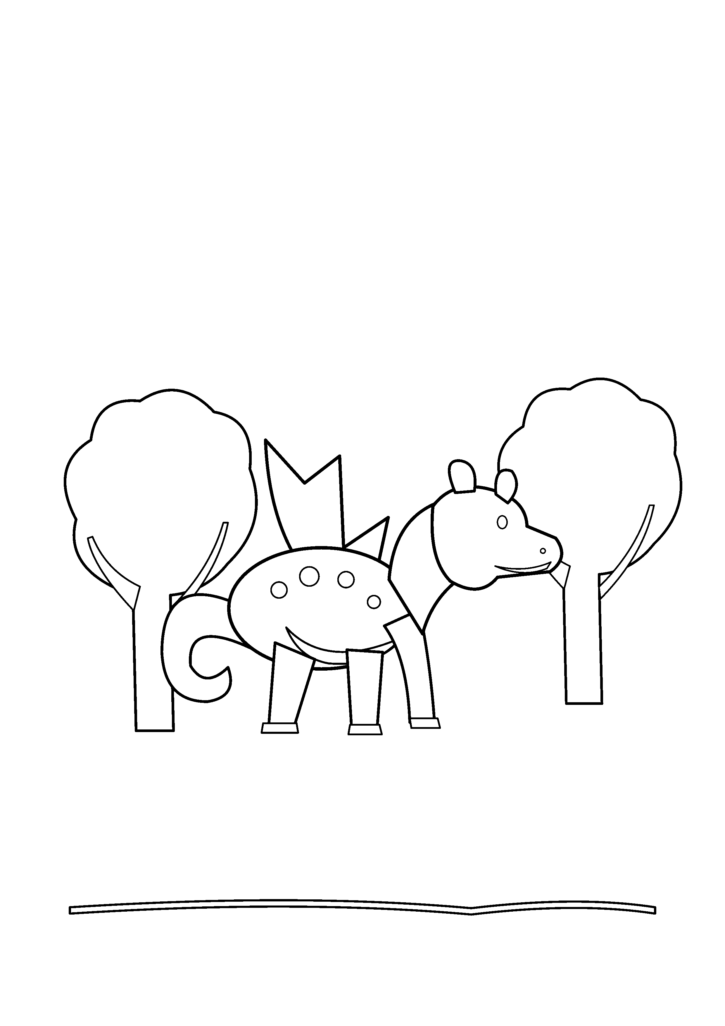 A dragon rests between tall trees in an open forest clearing.
