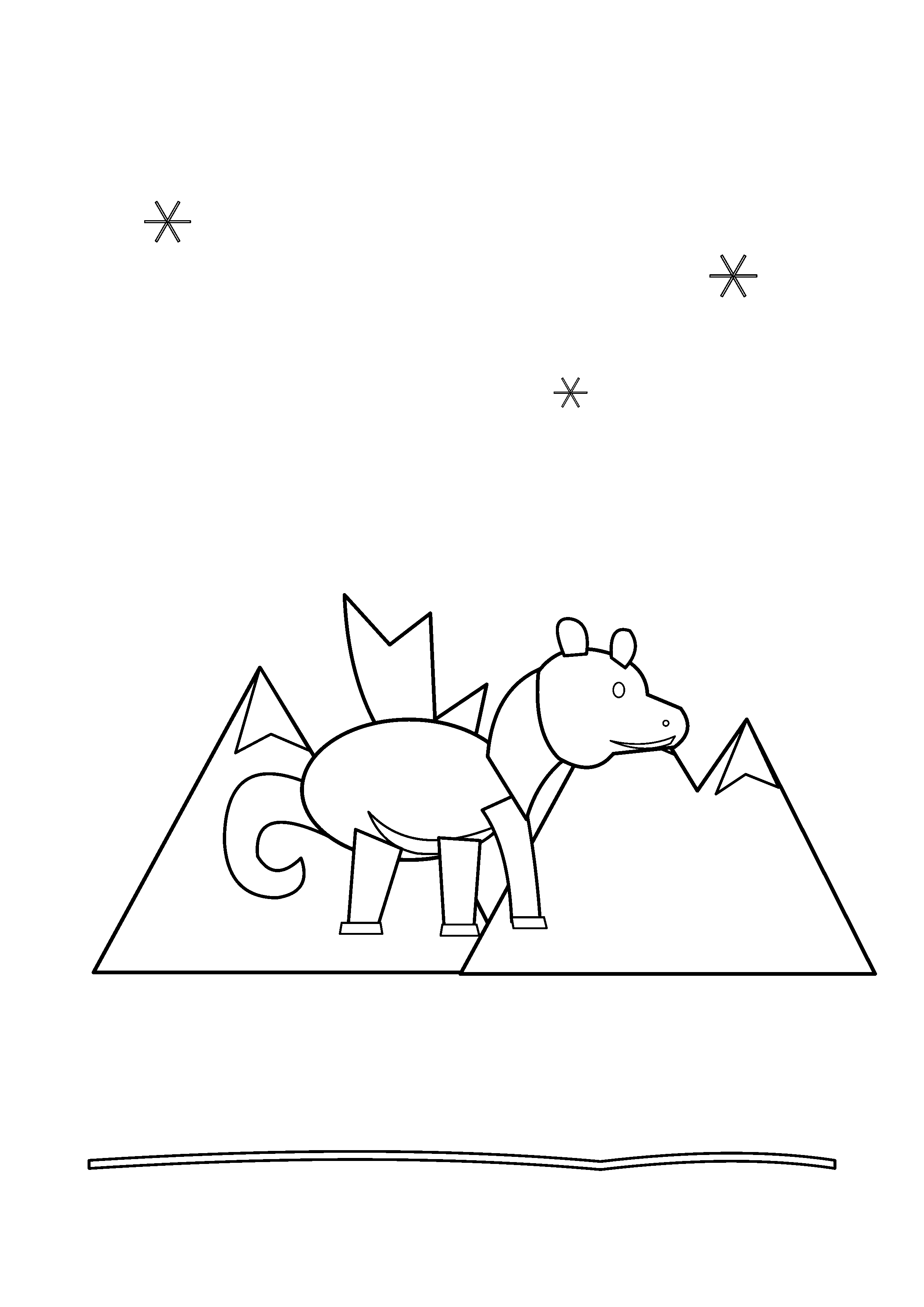 A dragon stands between snow-covered peaks and simple snowflakes.