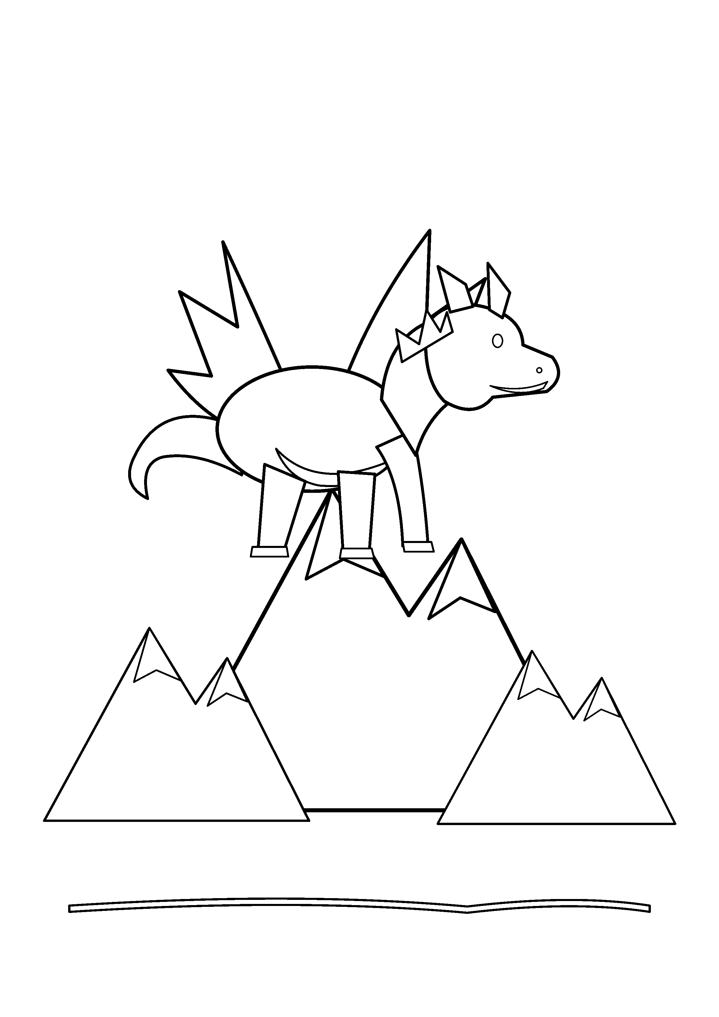 A horned dragon stands on a rocky summit above distant hills.