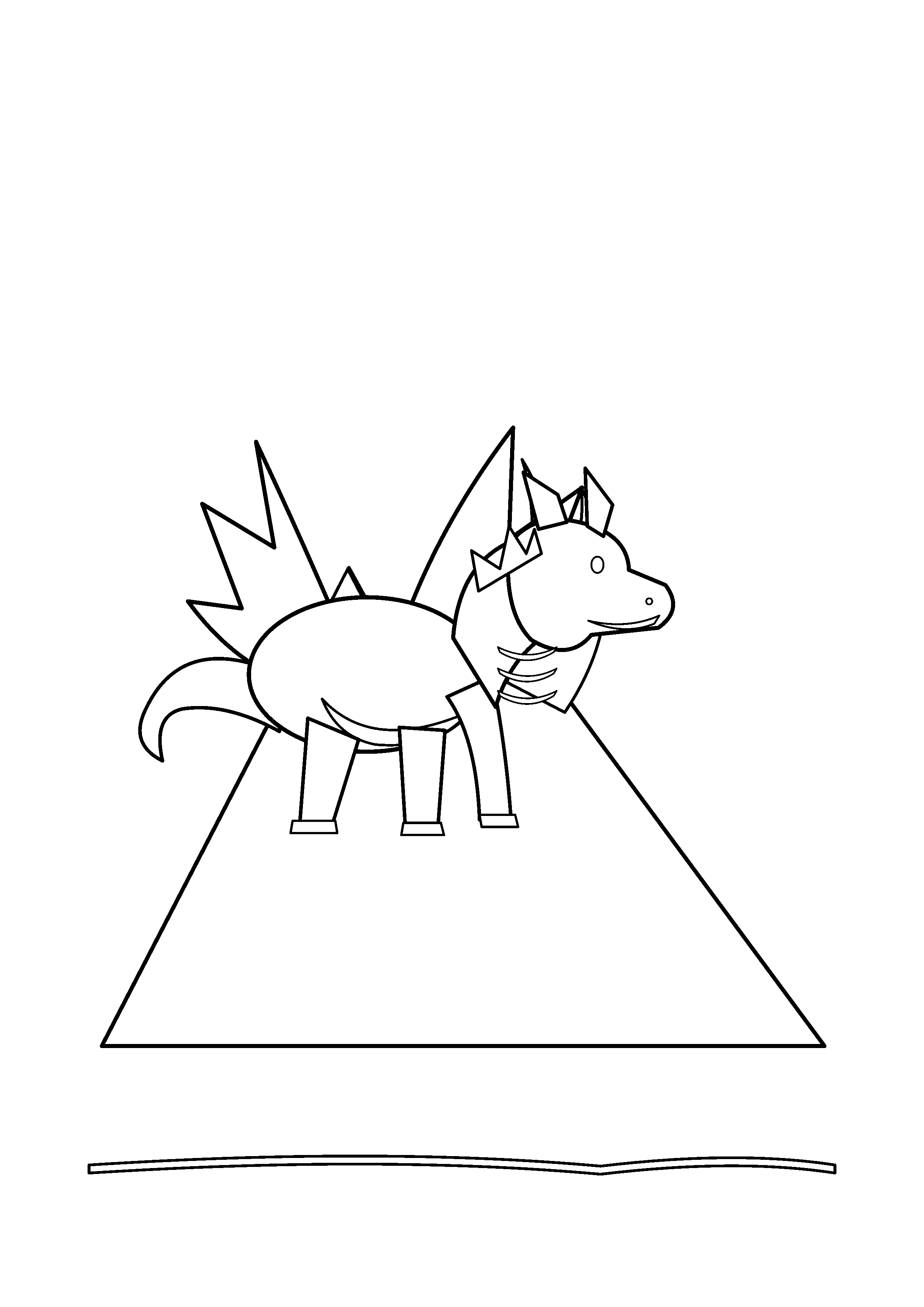 A dragon stands on a rocky ridge beside a distant volcano.
