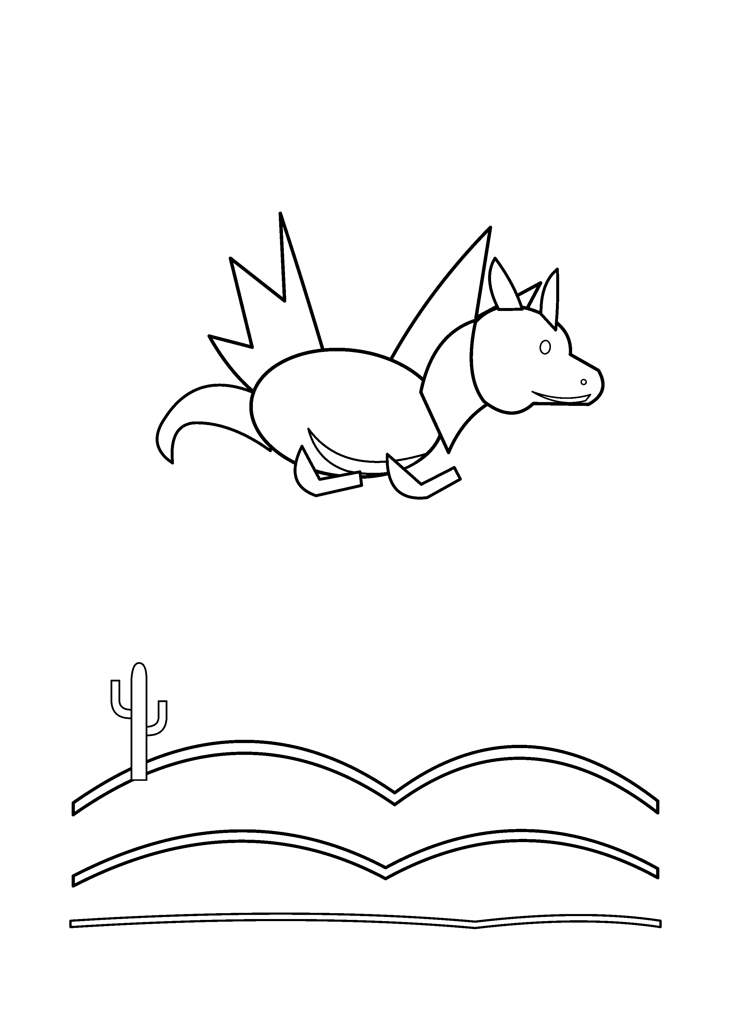 A flying dragon passes above curved sand dunes and a cactus.
